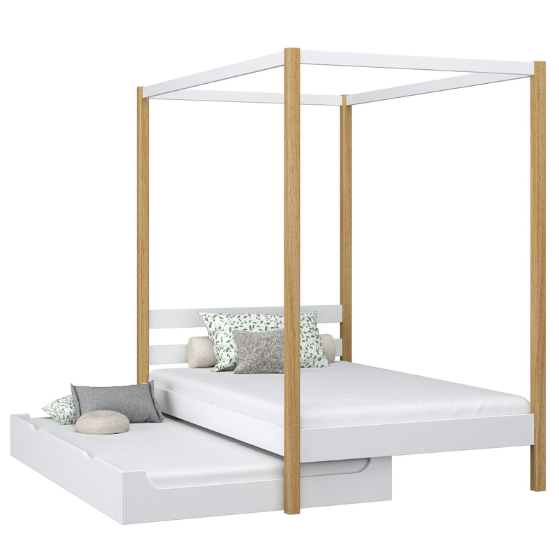 Wooden canopy bed with mattress drawer white-oak – scandi child’s room