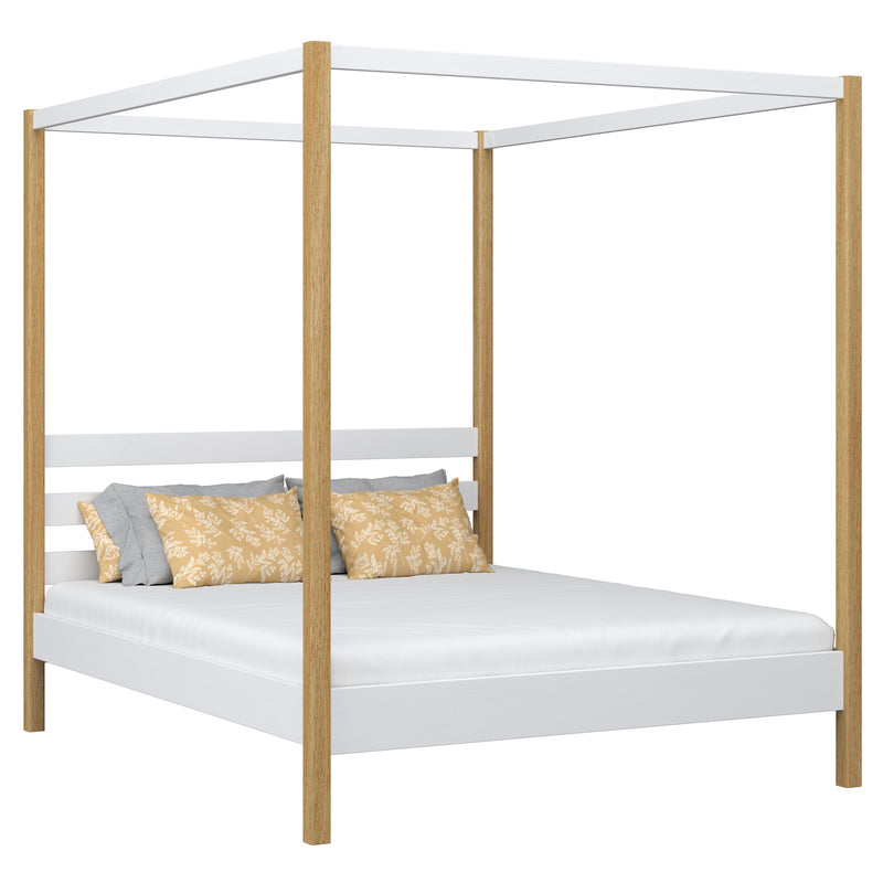 Wooden canopy double bed N01 white/oak – overall view, solid wood