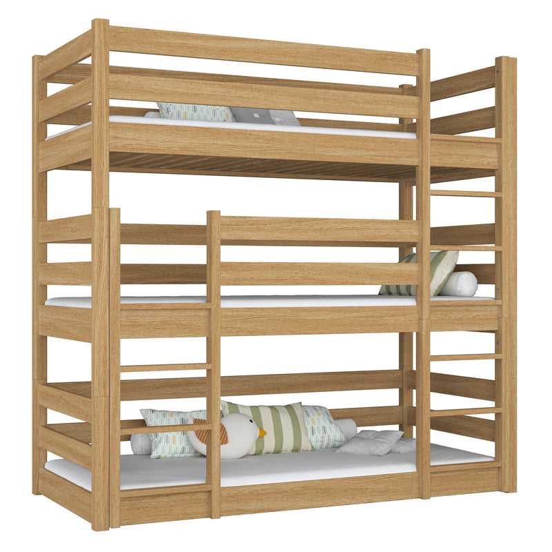 Triple bunk bed wooden natural oak – three sleeping places, scandi children’s room