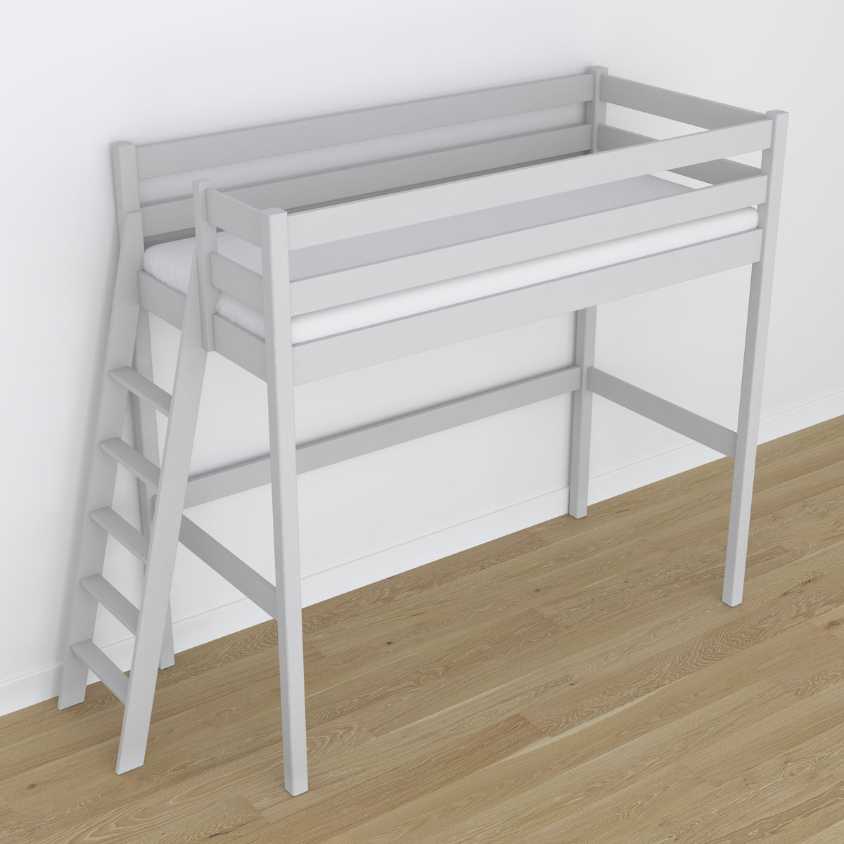 Loft bed grey in children’s room – scandi arrangement, wooden