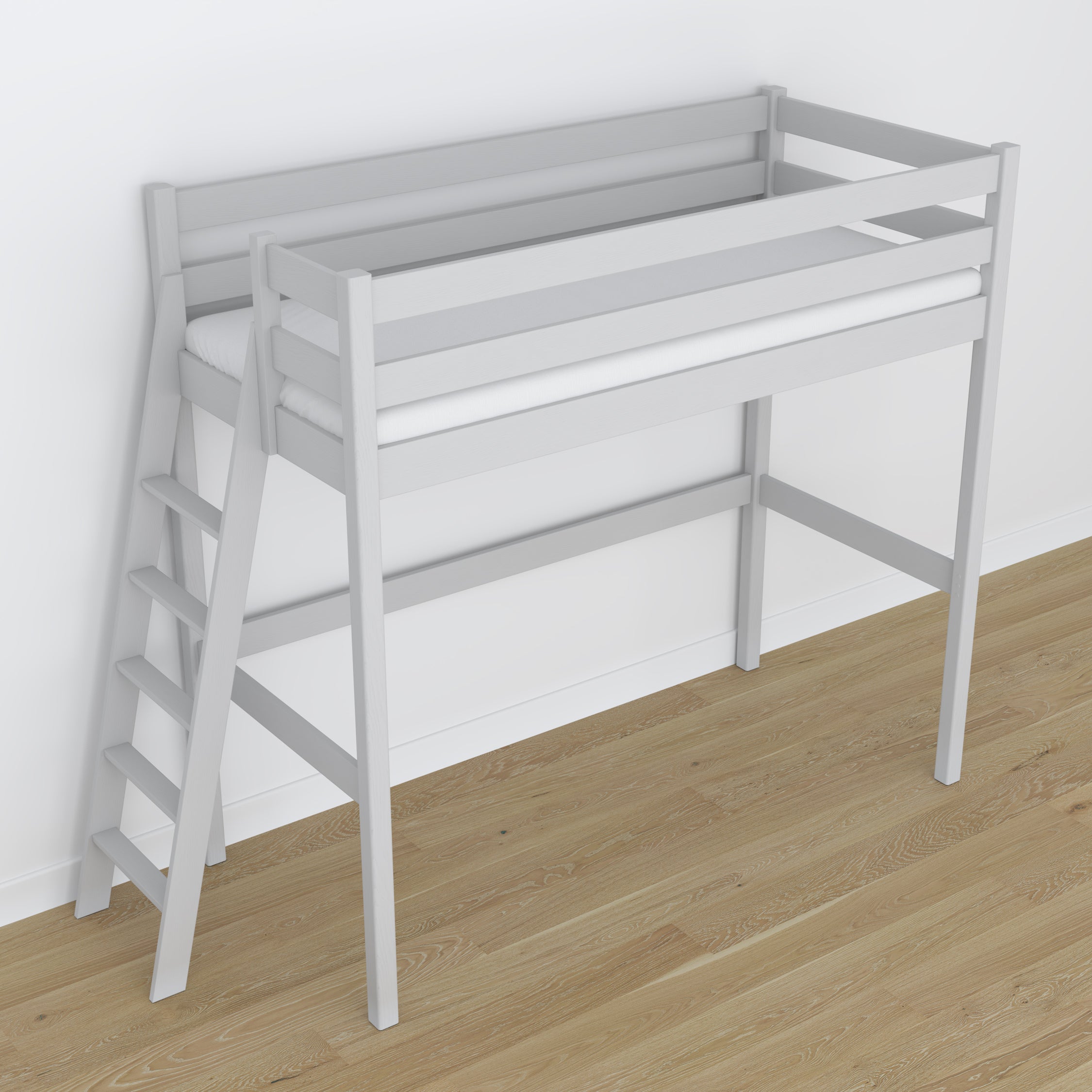Loft bed grey in children’s room – scandi arrangement, wooden