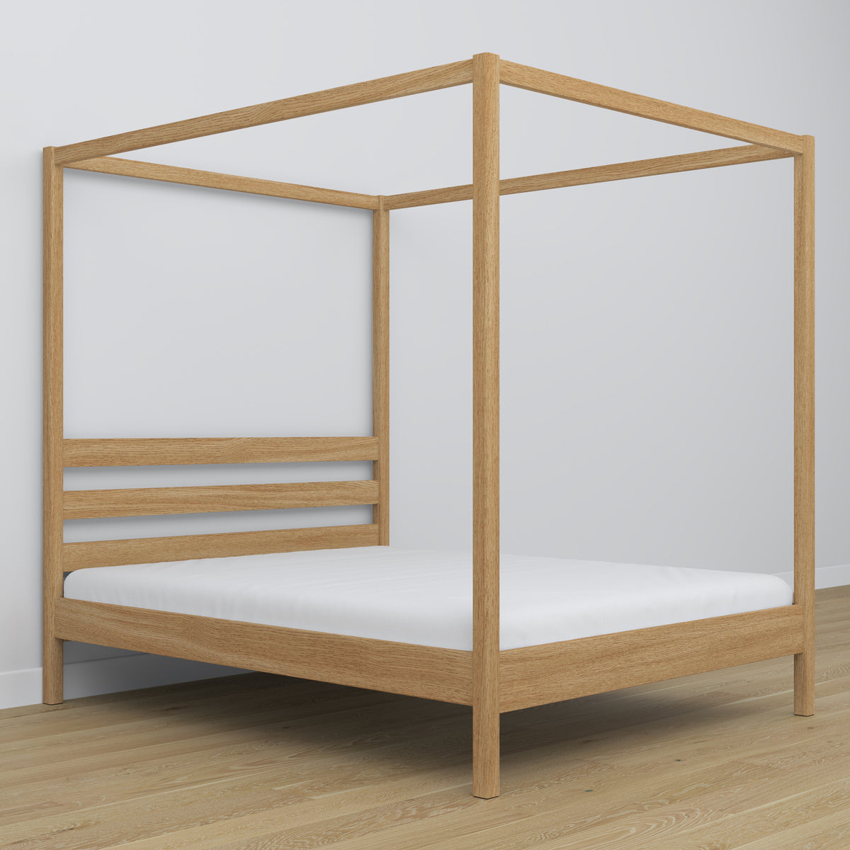 Double bed natural oak with canopy – decorative oak frame, scandi