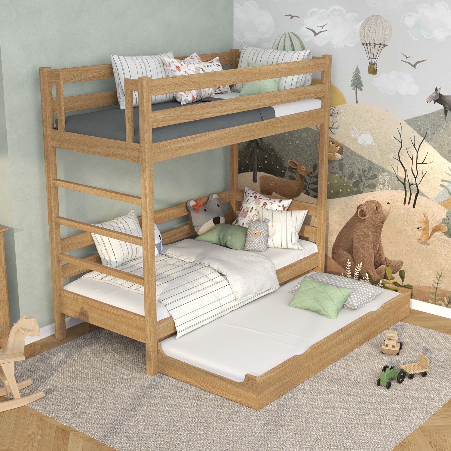 Oak Bunk Bed Natural Oak – Ladder, Rails, Drawer for Extra Mattress
