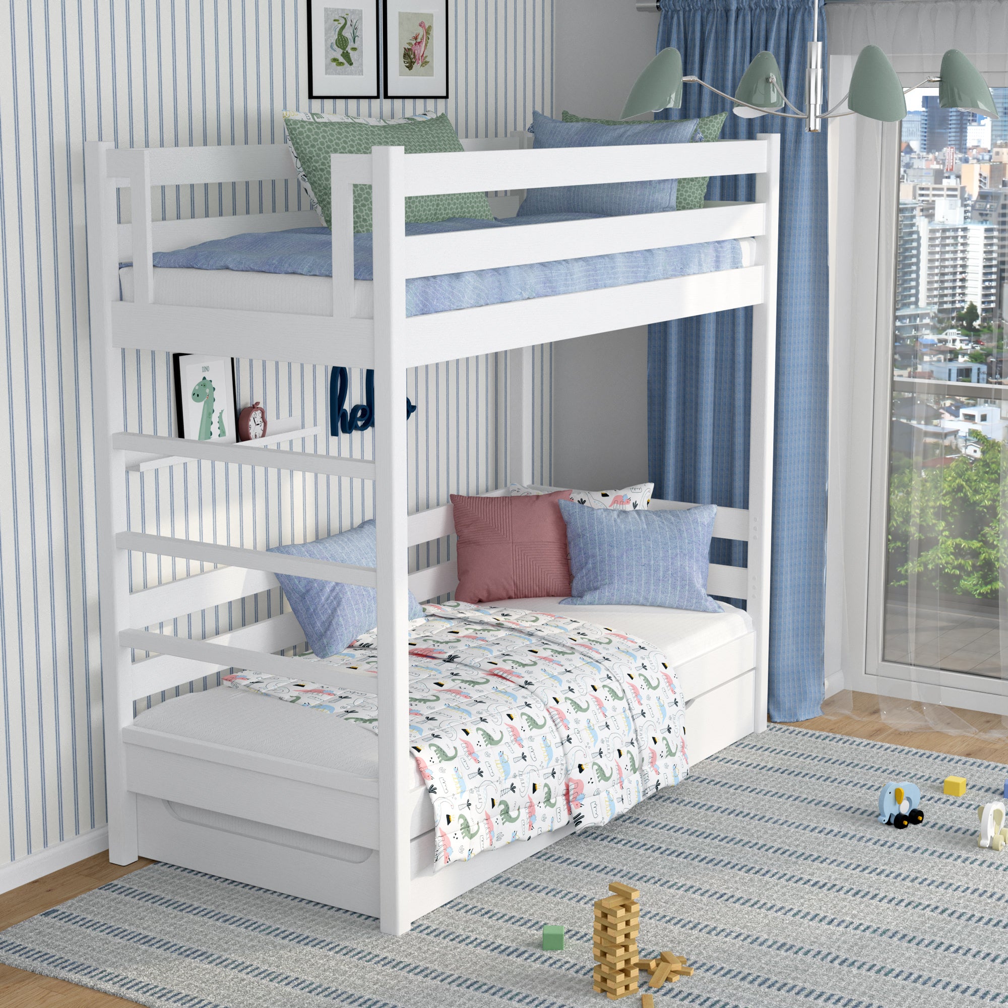 White Wooden Bunk Bed – Ladder, Rails, Drawer for Extra Mattress