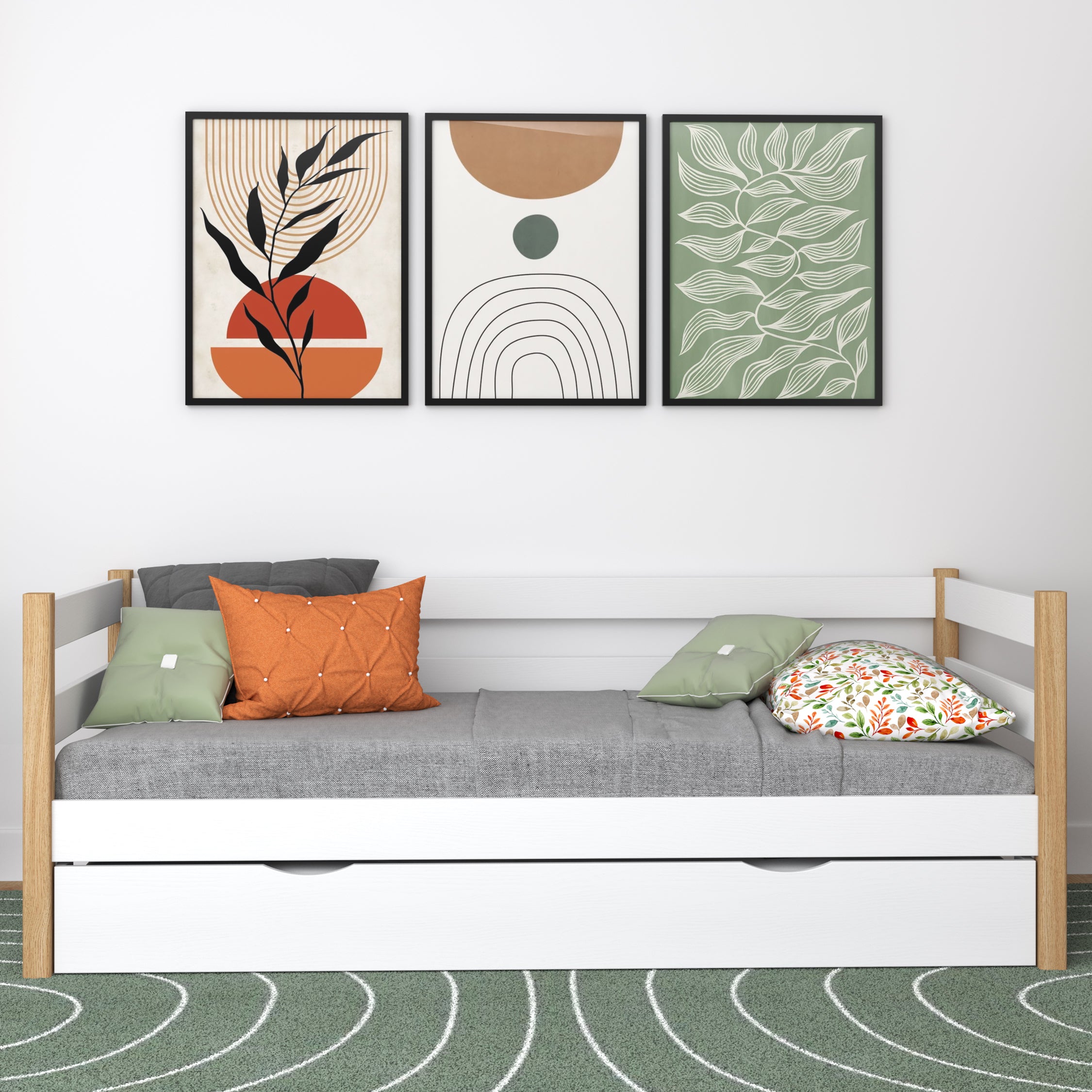 Sofa bed white-oak – wooden side barrier, side view, Nizio