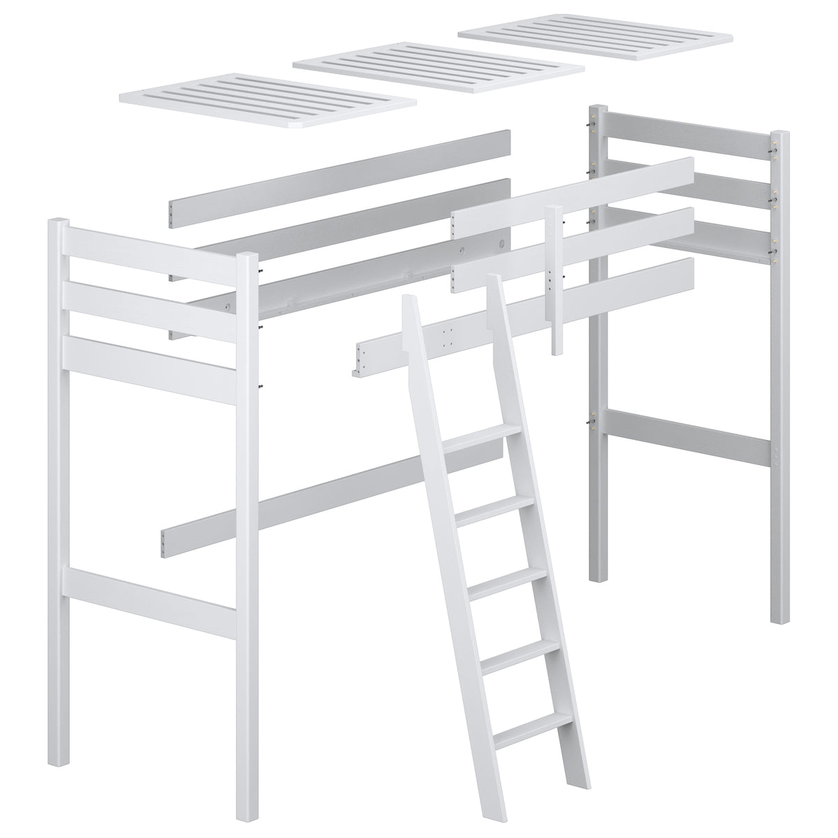 Loft bed grey – wooden posts and joints, close-up on quality