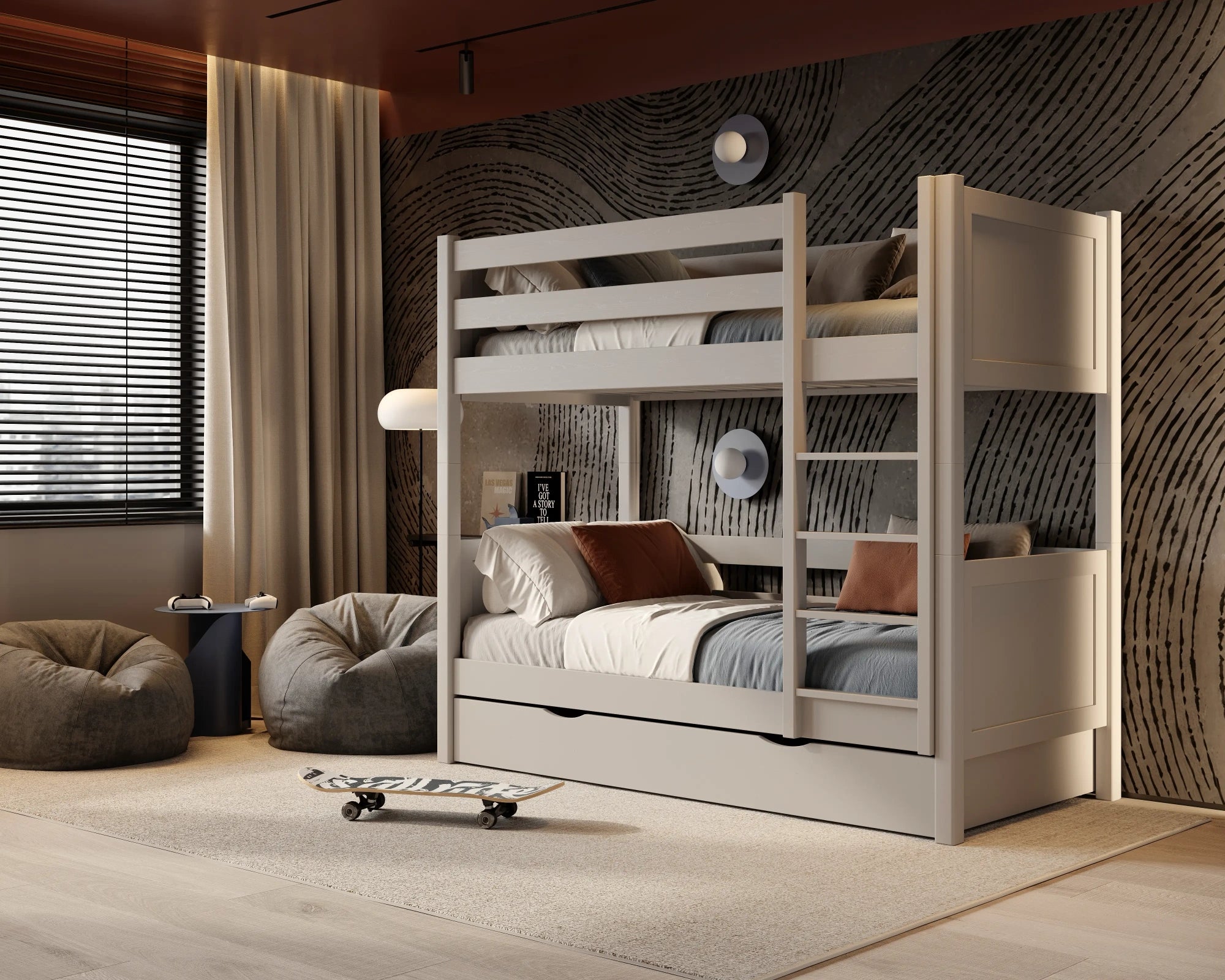 Grey Bunk Bed for Children – Two Sleeping Areas and Drawer, Wooden