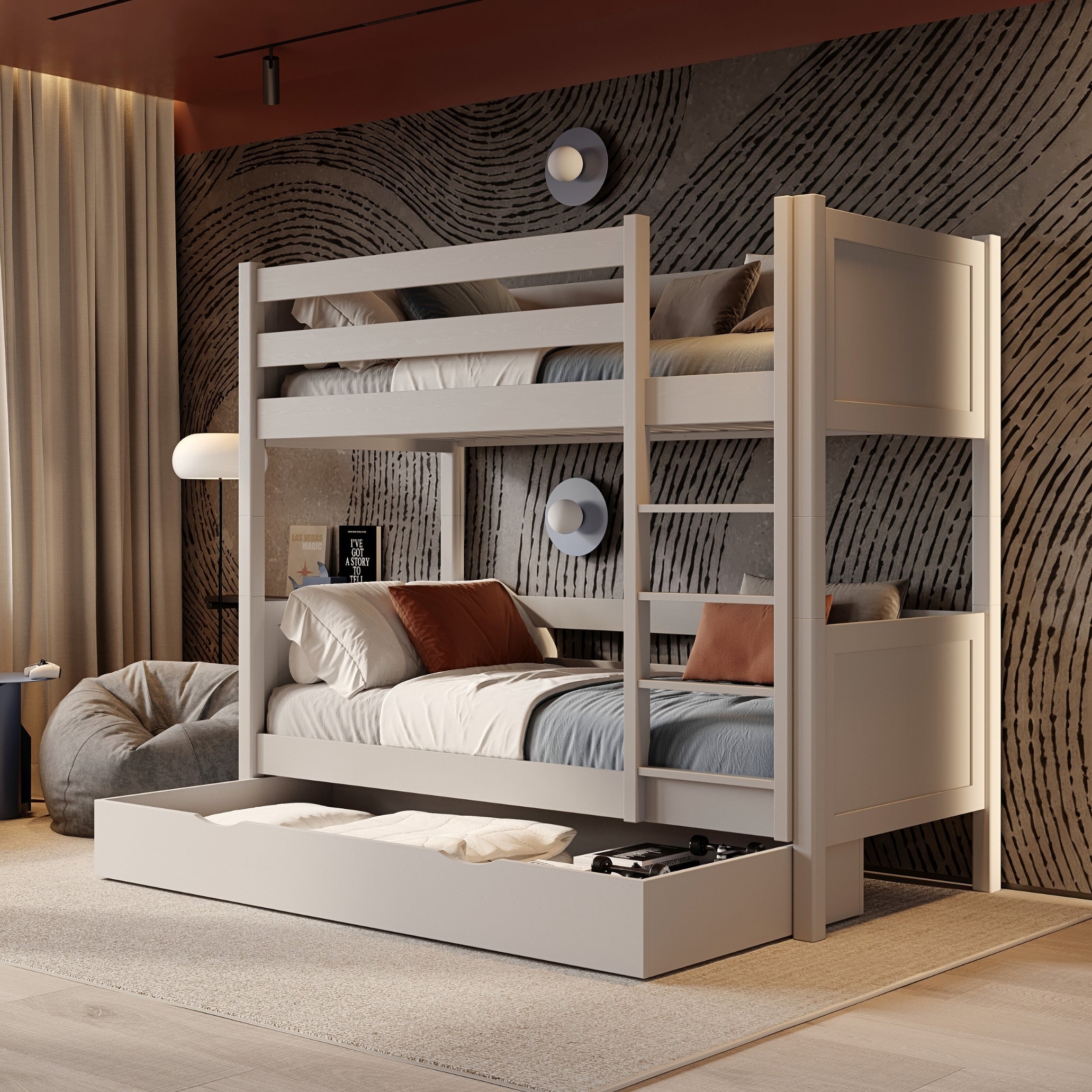 Grey Bunk Bed with Drawer – Wooden Safety Rail and Ladder, Nizio