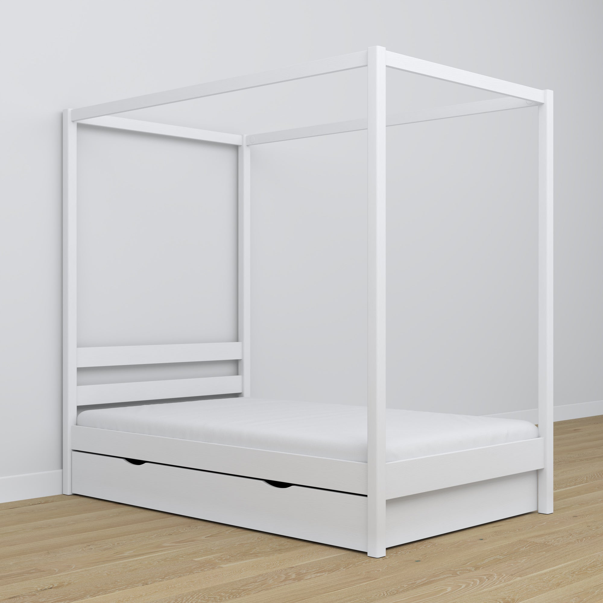 Wooden white canopy bed in a child’s room – scandi arrangement