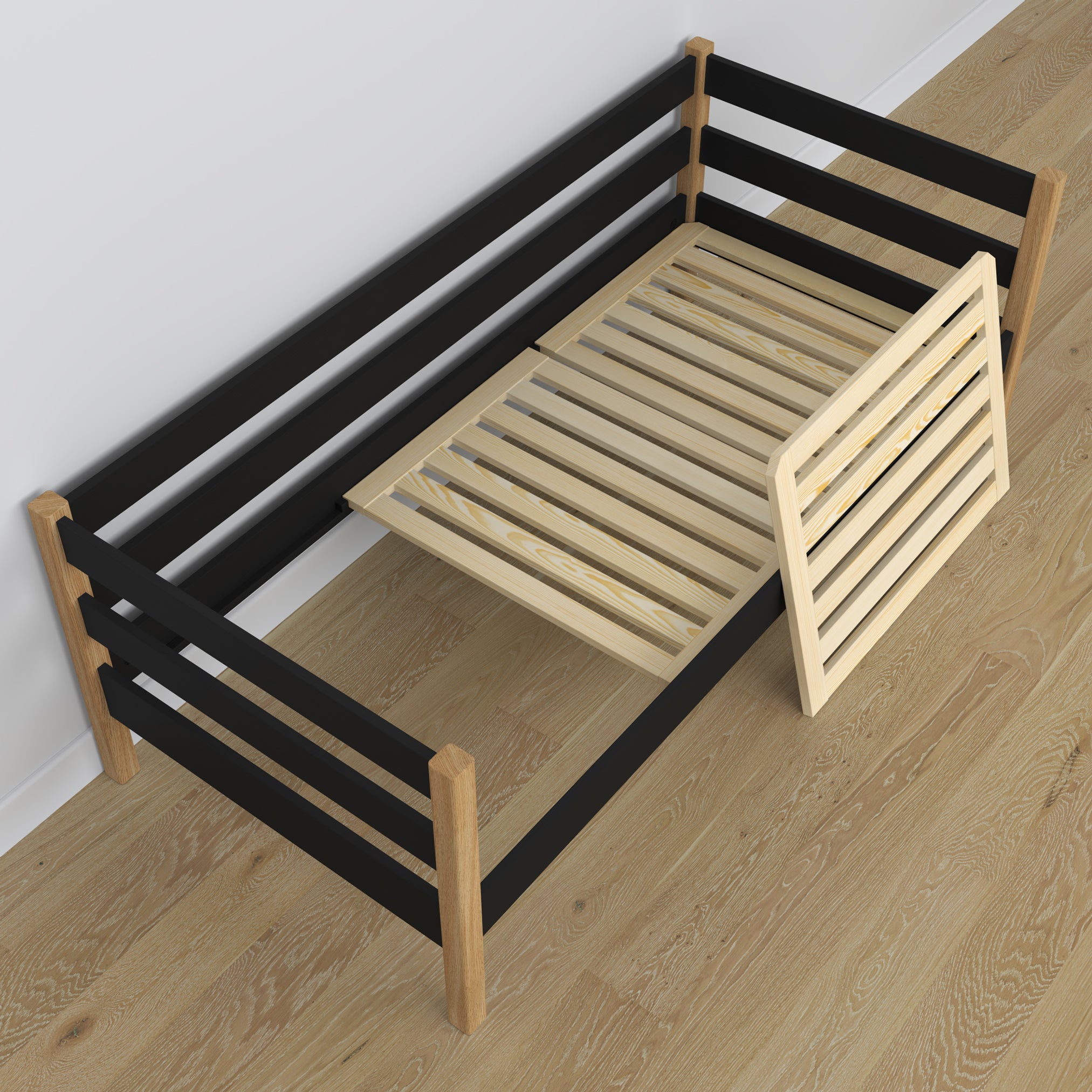 Łóżko sofa drewniane czarno-dębowy – widok od wezgłowia, pokój dziecięcy