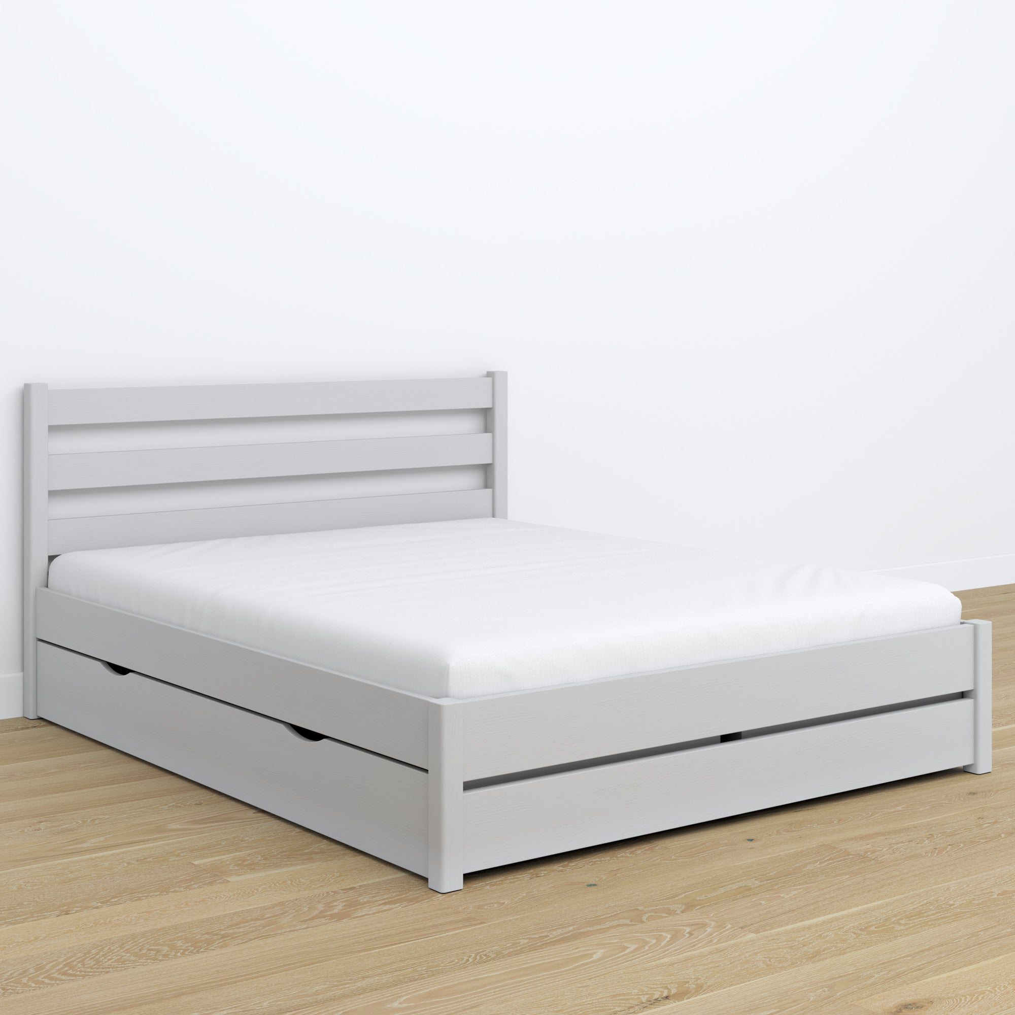 Double bed grey with drawer – wooden headboard, close-up