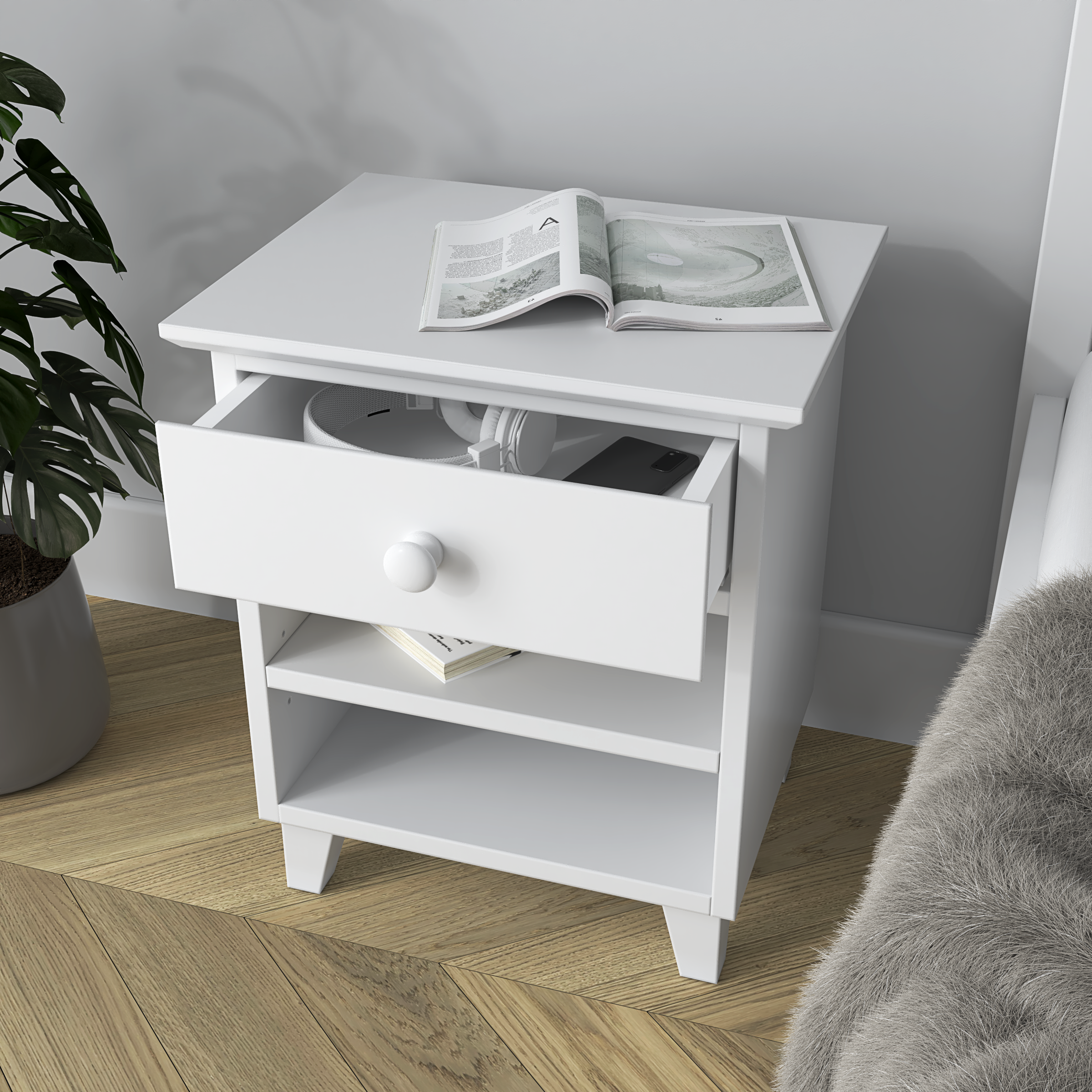 Wooden bedside table 1S N02 Scandi white