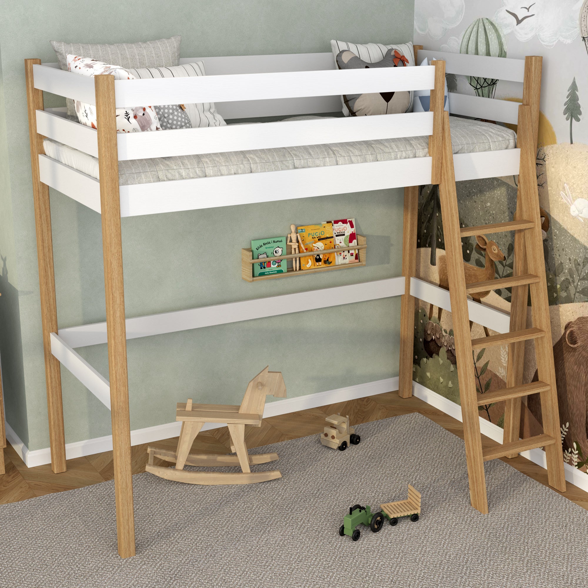 Loft bed white/oak in children’s room – scandi arrangement, wooden