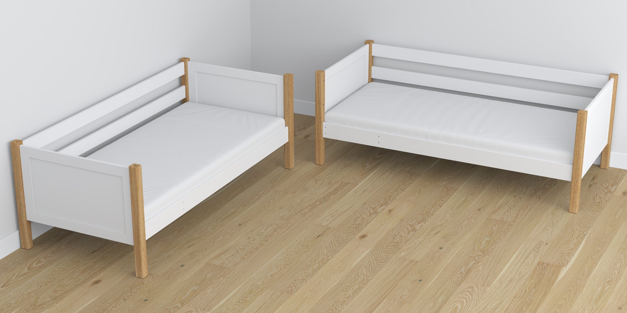 White and Oak Bunk Bed – Wooden Slatted Frame, Mattress Drawer