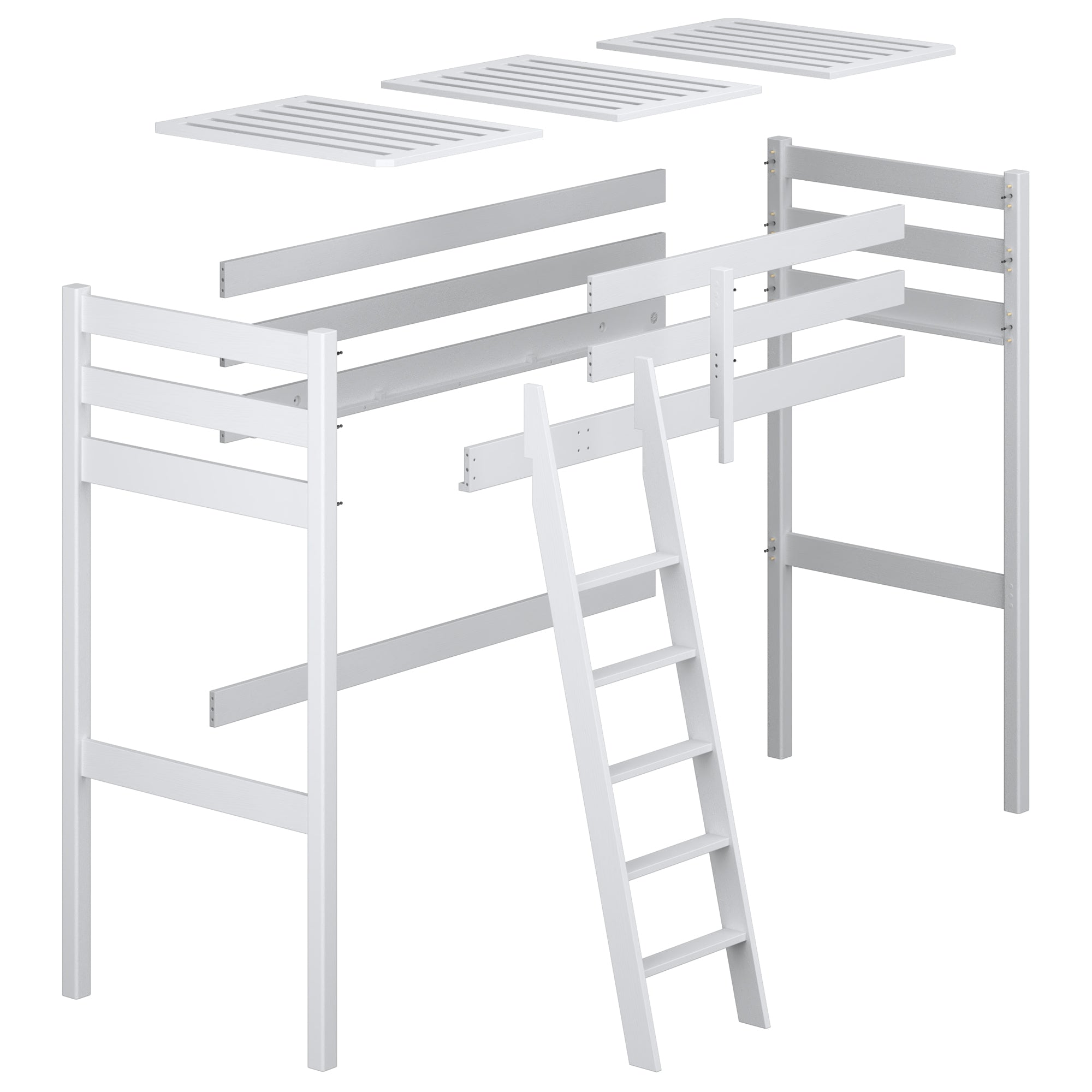 Loft bed white – wooden posts and joints, close-up on quality