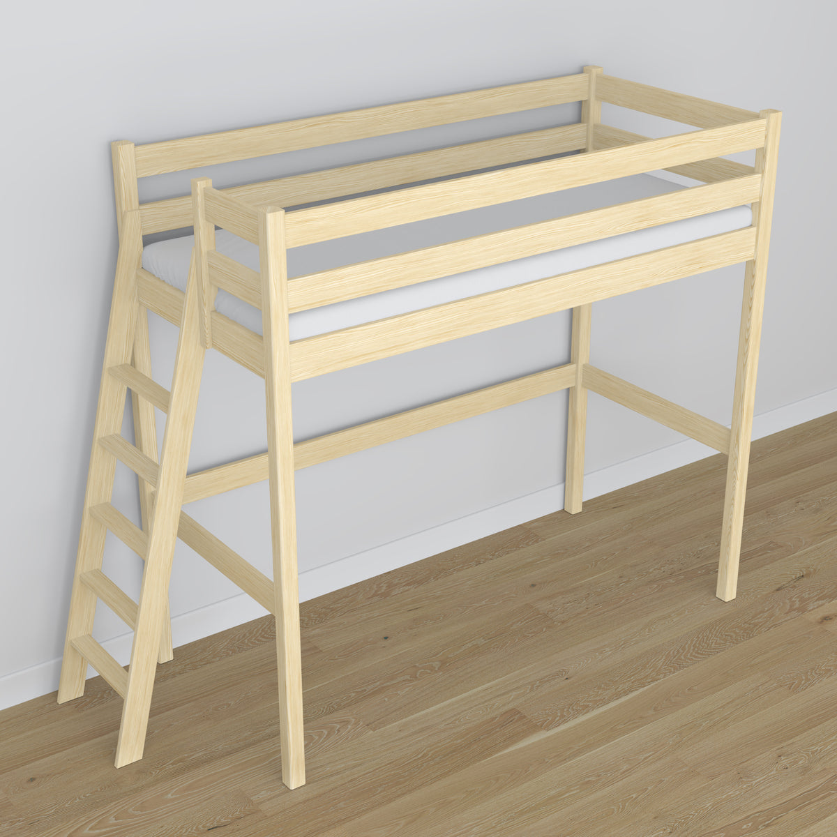 Loft bed clear pine wooden – top view of the sleeping area