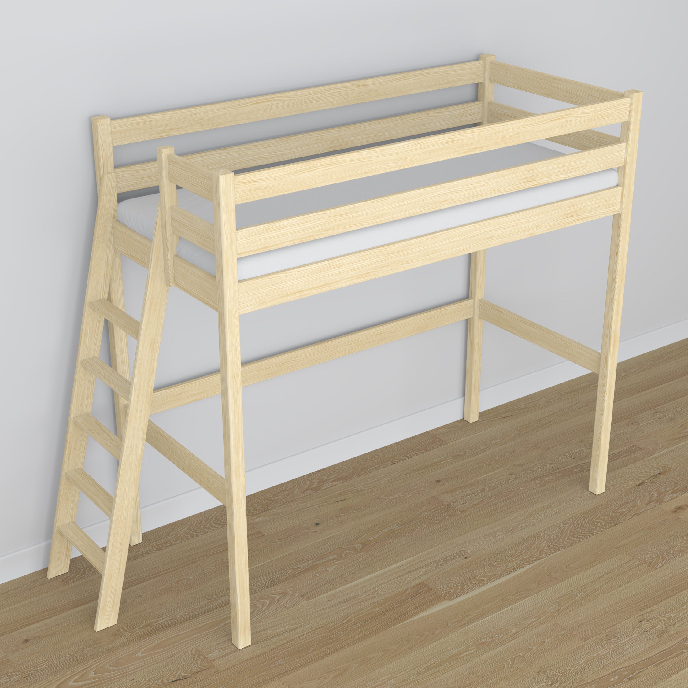 Loft bed clear pine wooden – top view of the sleeping area