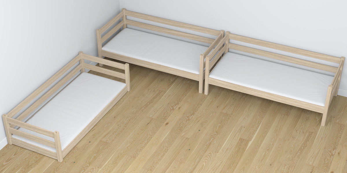 Triple bunk bed wooden bleached oak – close-up of joints and construction details