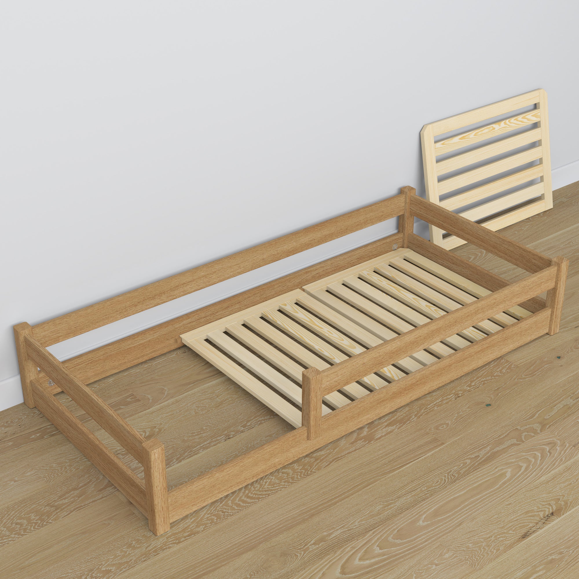 Low Bed Oak Natural Oak – Angled View, Bedroom