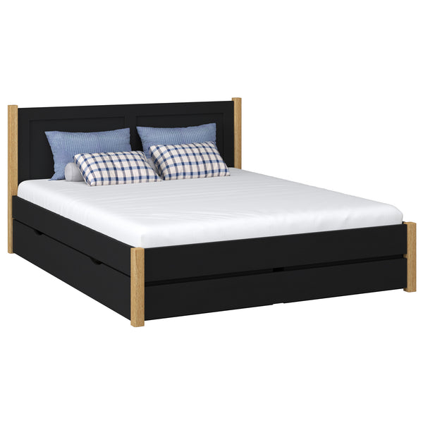 Double bed with wooden drawer black with oak – bedroom, storage, scandi style