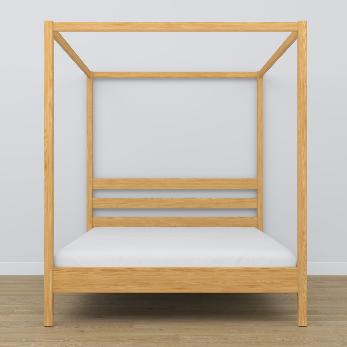 Wooden double bed with canopy natural pine – headboard and frame, close-up