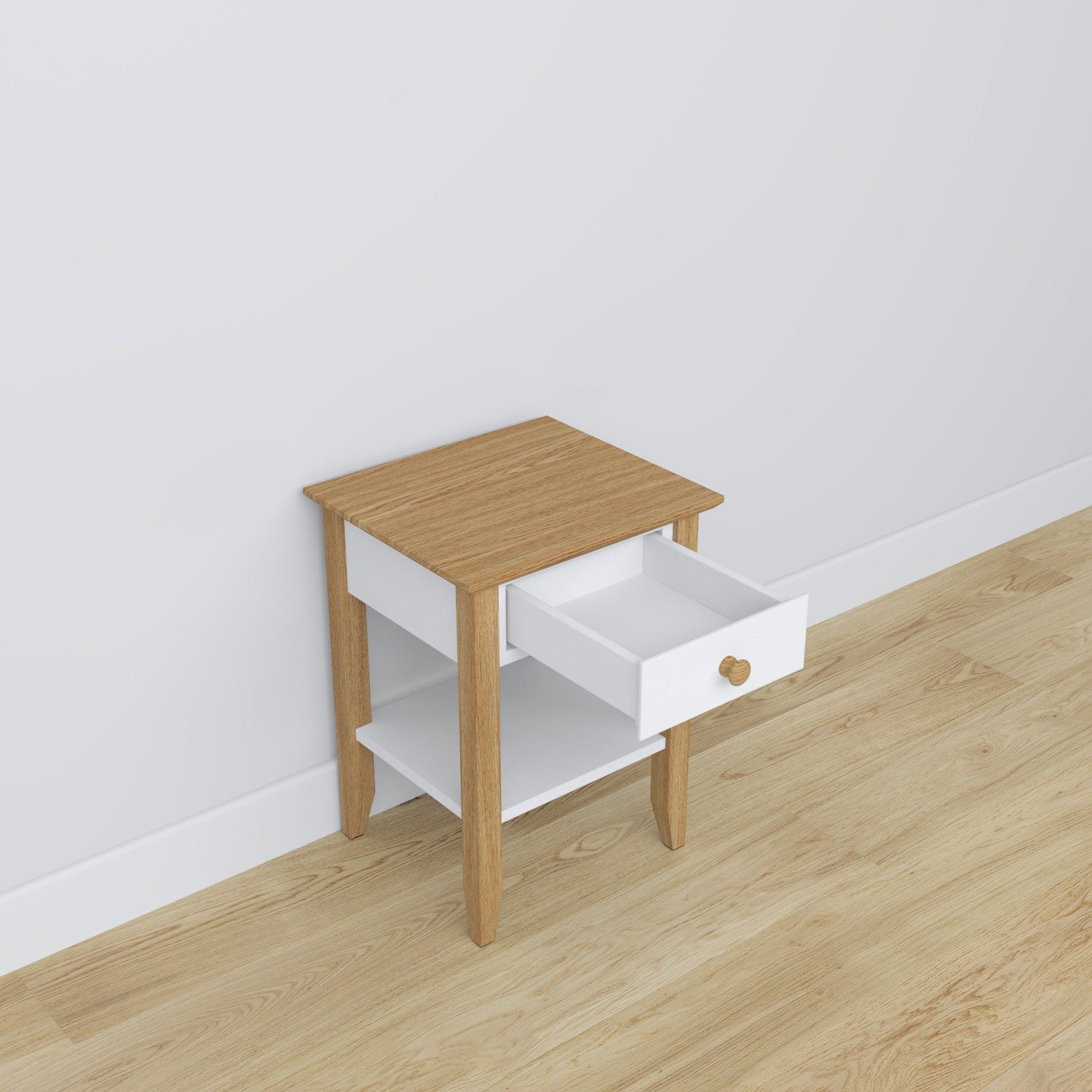 Bedside table N01 wooden white with oak – open drawer, bedside storage compartment