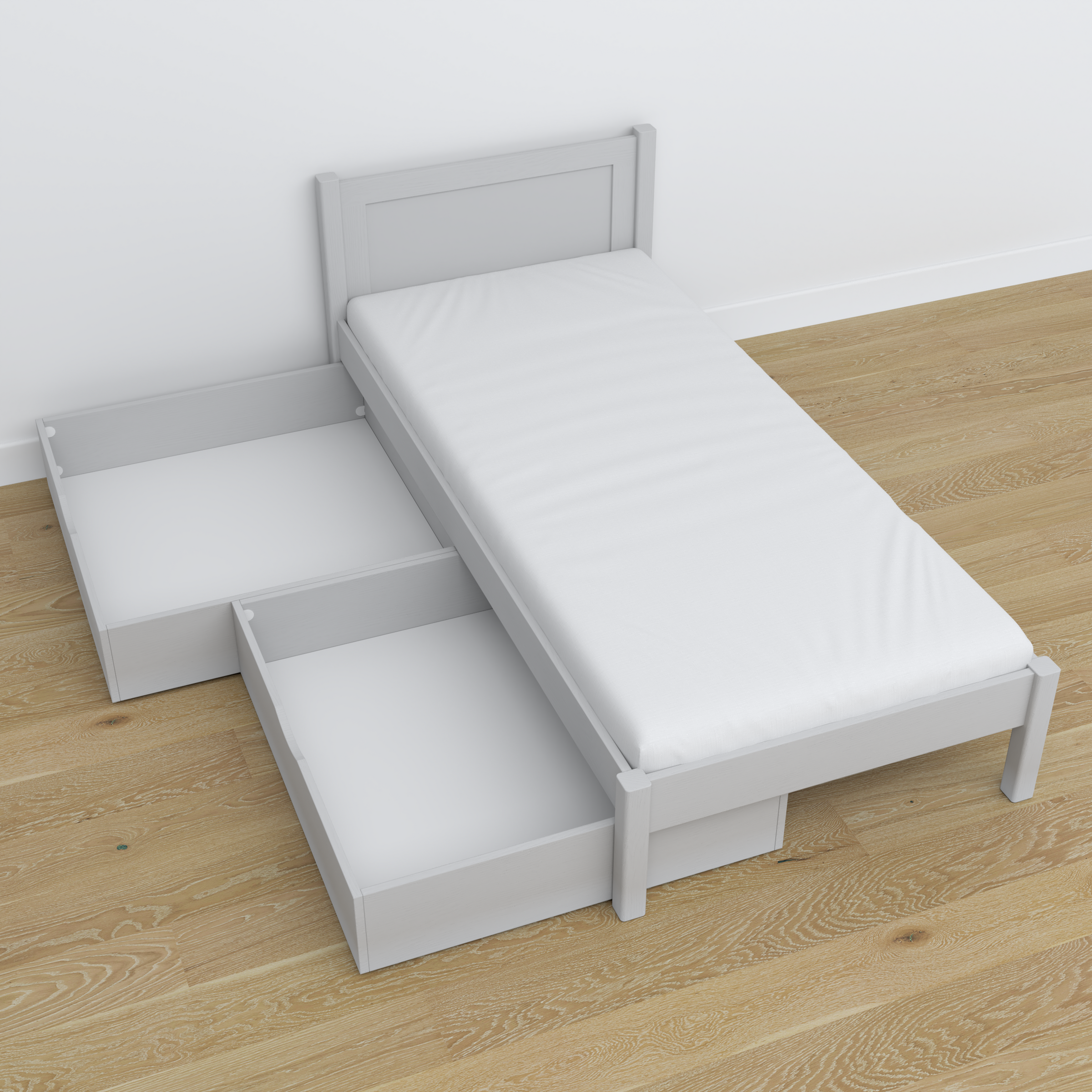 Bed grey with drawer made of wood – angled view