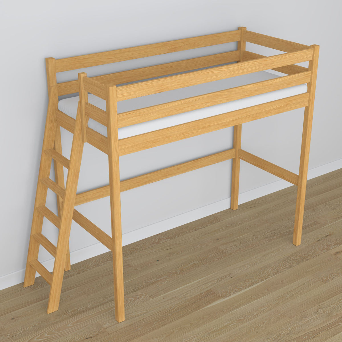 Loft bed natural pine wooden – top view of the sleeping area