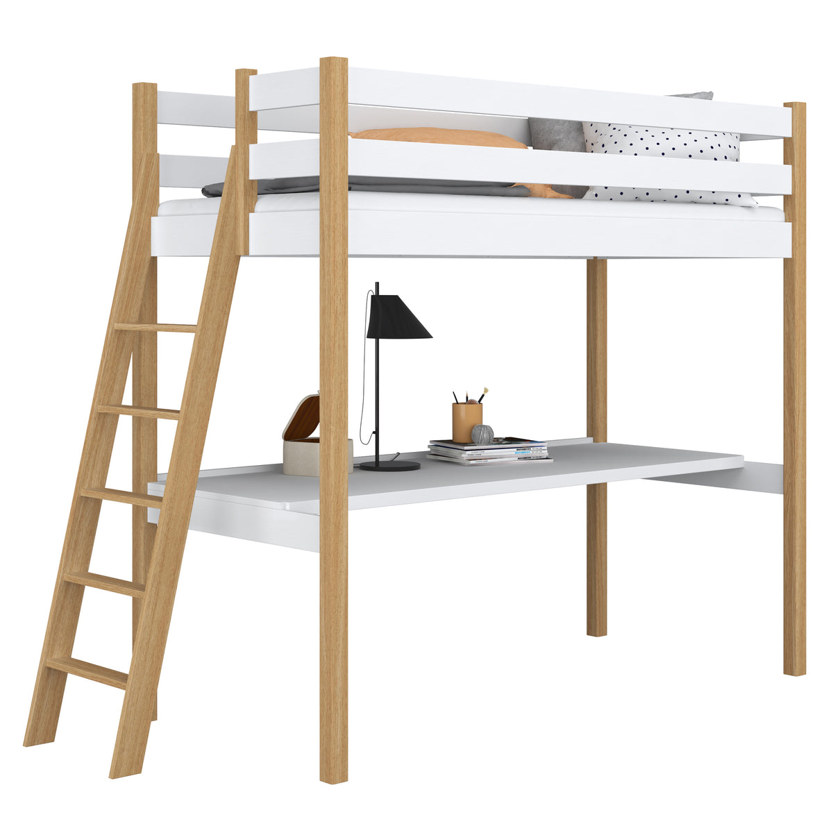 White and Oak Wooden Loft Bed with Desk – Children’s Room, Scandi Nizio