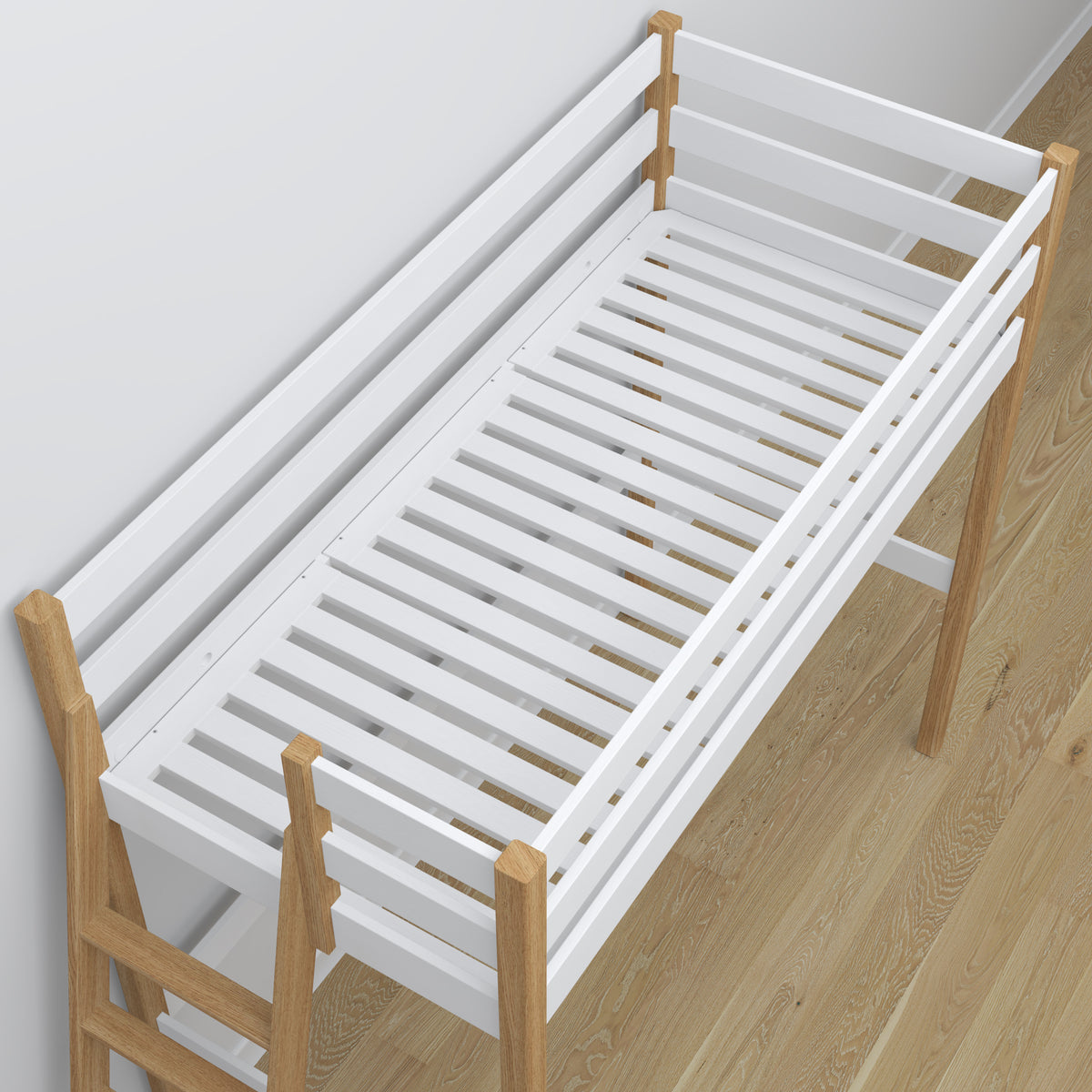 Loft bed white/oak – wooden desk under the sleeping area, scandi children’s room