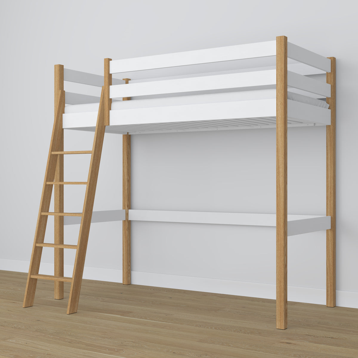 Loft bed white/oak wooden – dimensions and diagram, Nizio