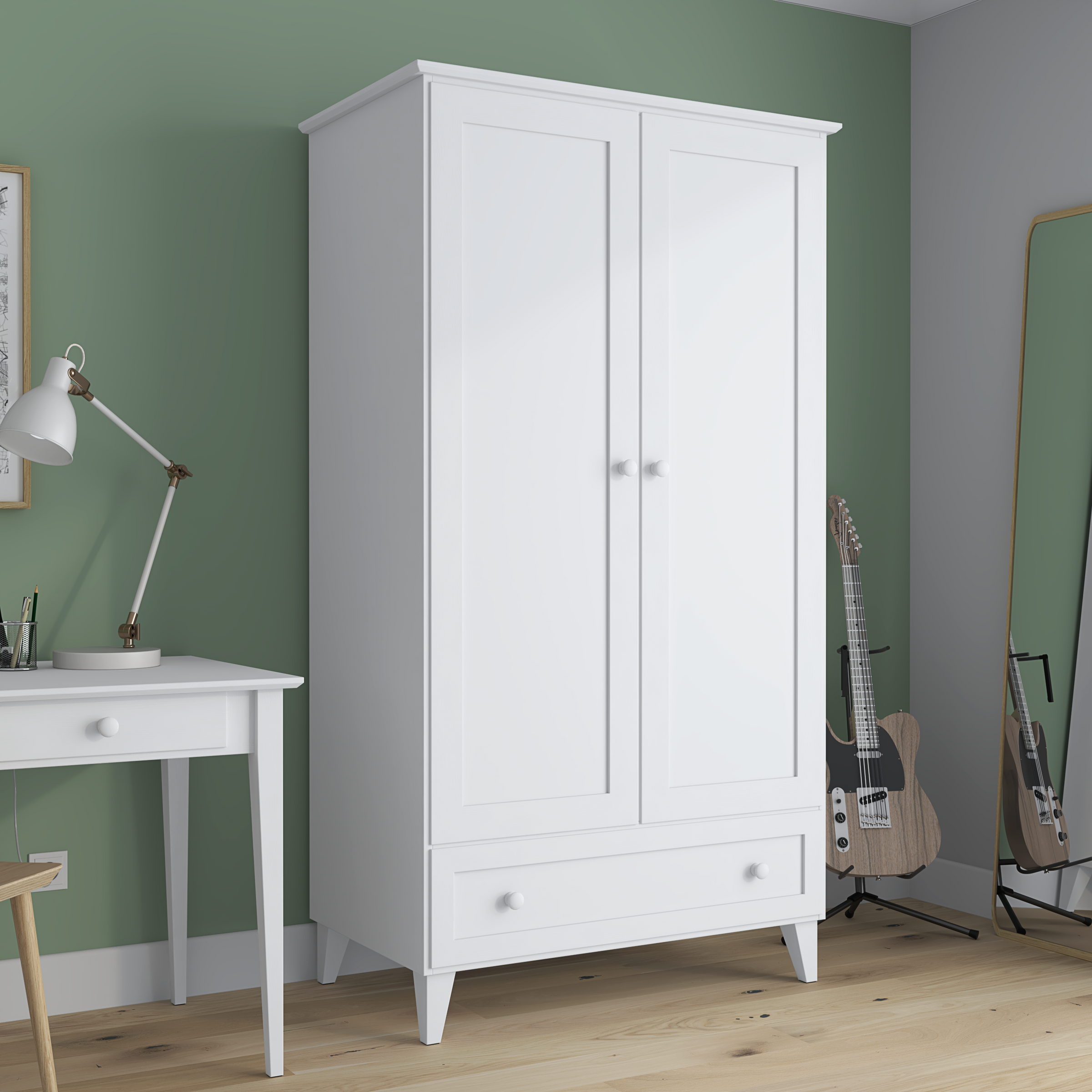 Wooden wardrobe 2D1S Scandi white