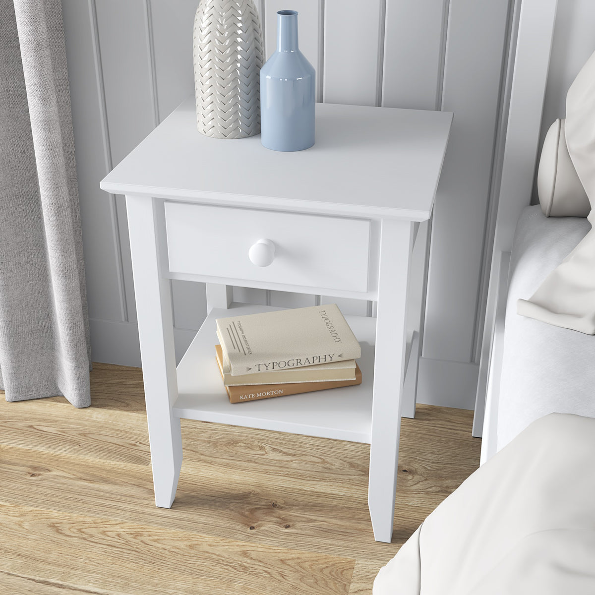 Bedside table N01 white – tabletop, close-up on wooden surface, Nizio