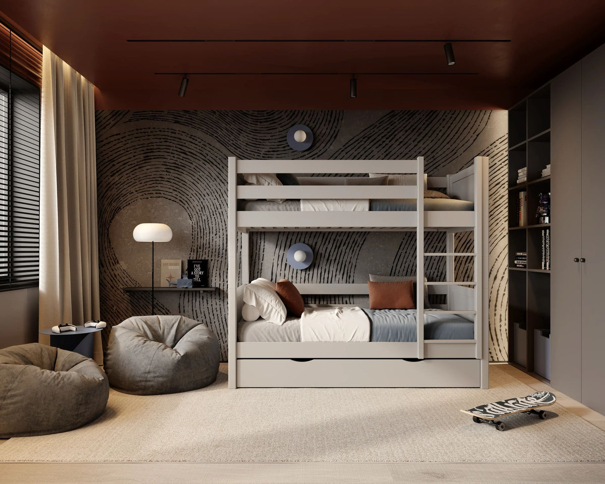 Grey Bunk Bed for Children – Mattress Drawer, Wooden, Nizio