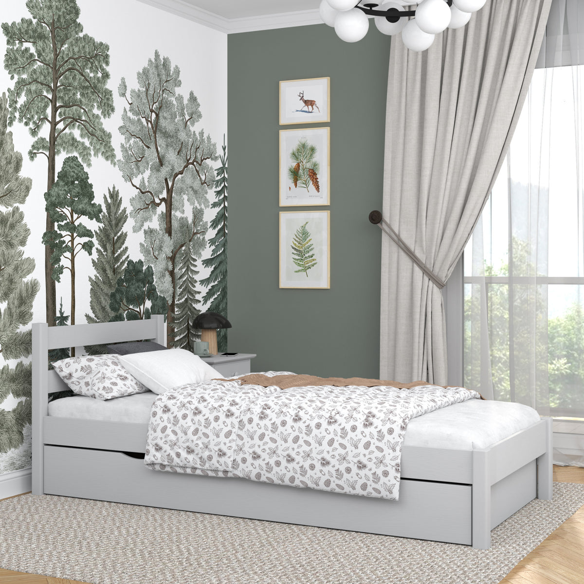 Wooden bed with drawer grey – open drawer, storage interior