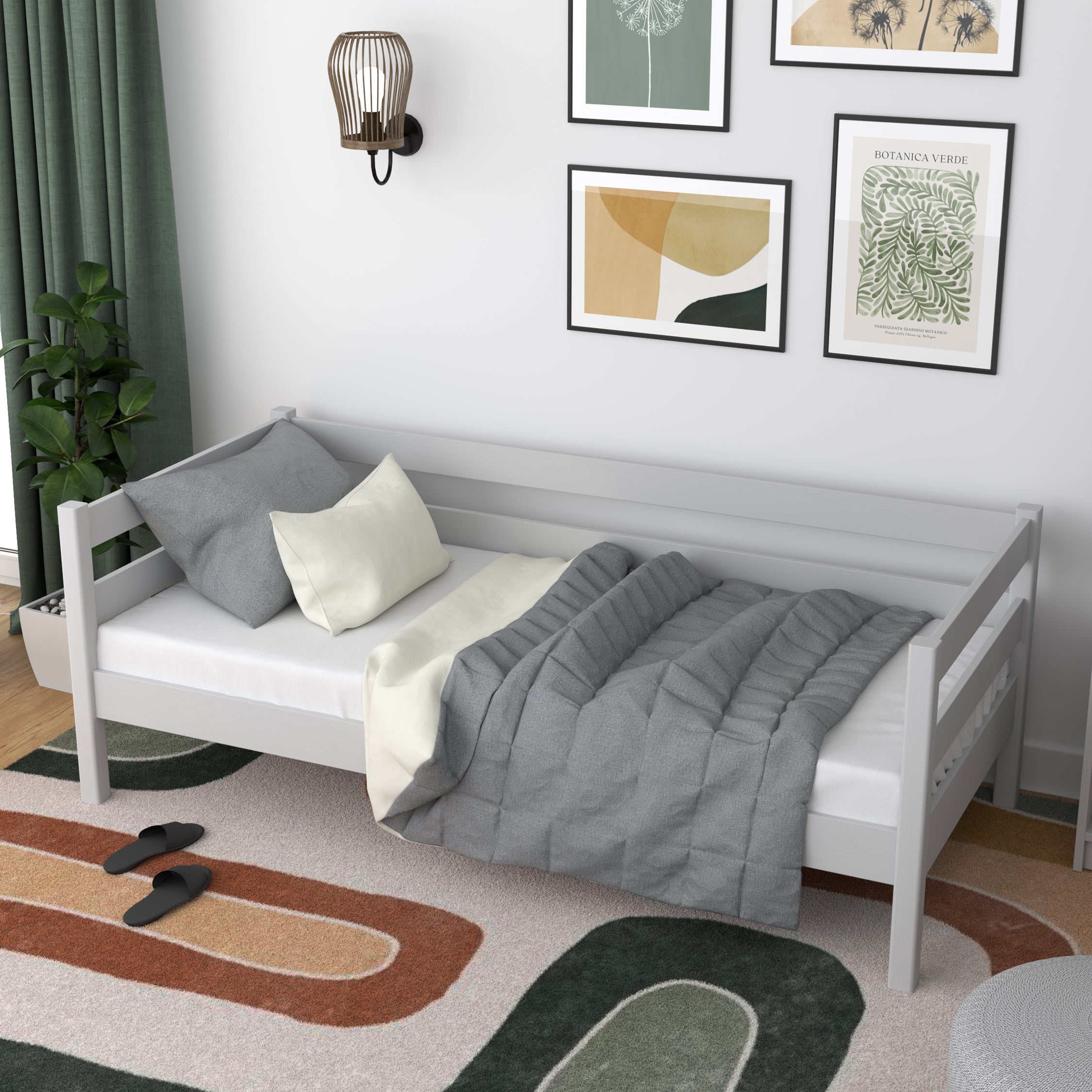 Łóżko sofa drewniane popielaty – widok boczny, bryła i proporcje mebla
