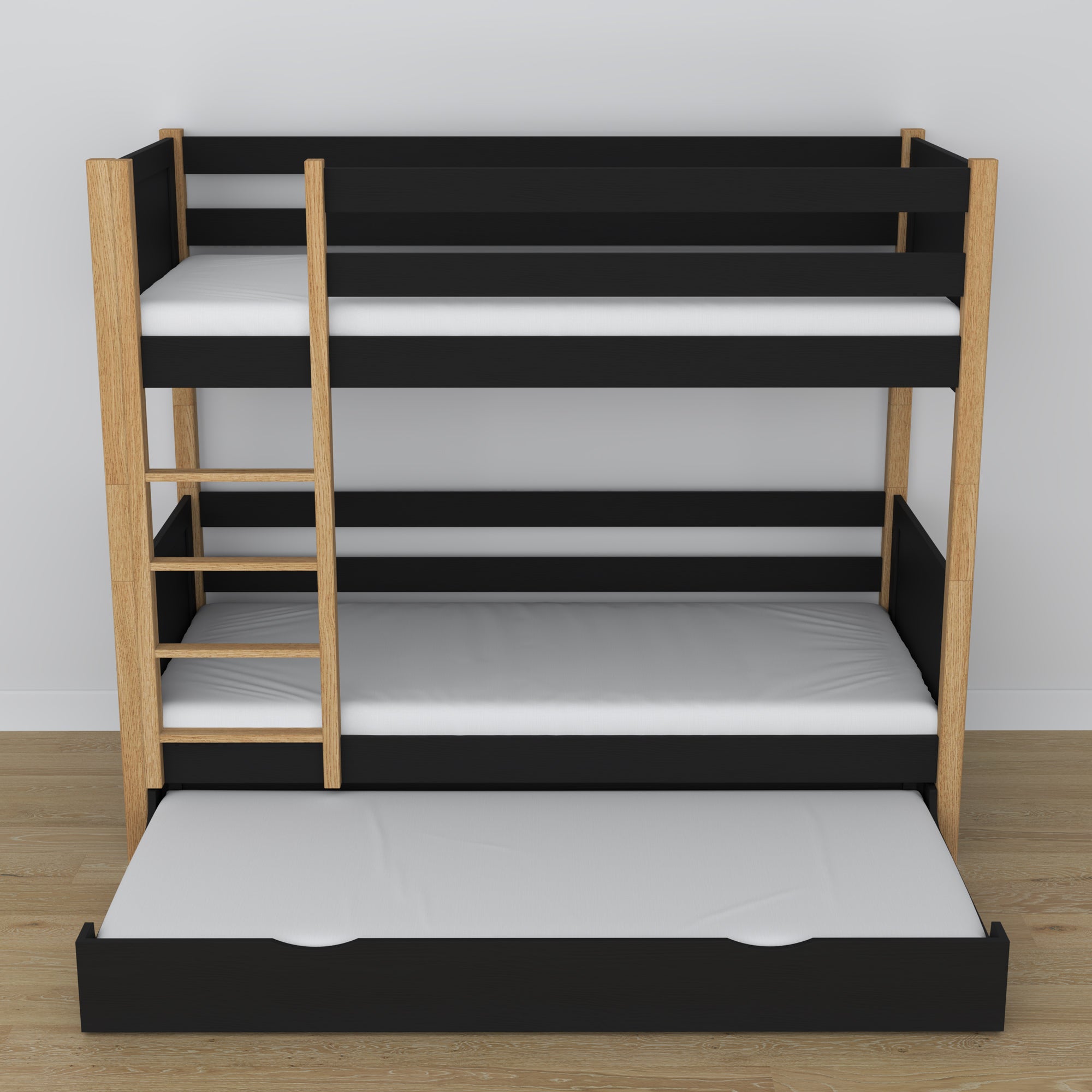 Black and Oak Wooden Bunk Bed – Interior of Mattress Drawer, Children’s Room