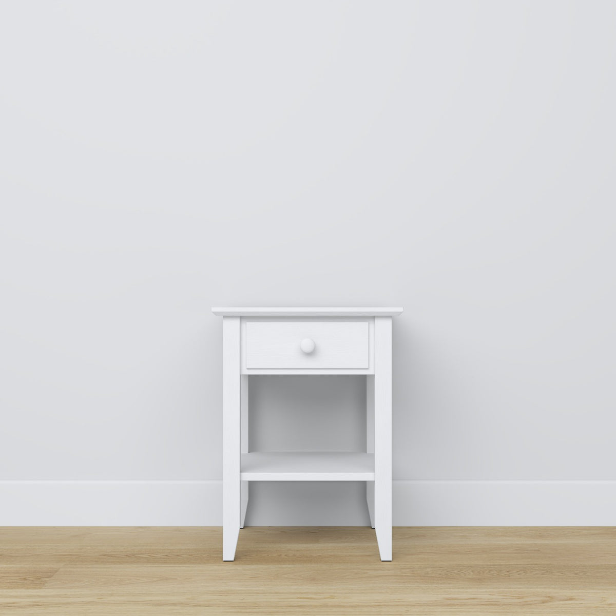 Bedside table N01 wooden white – handle and drawer front, close-up