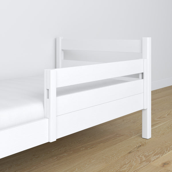 Children’s bed safety rail white – side view, wooden