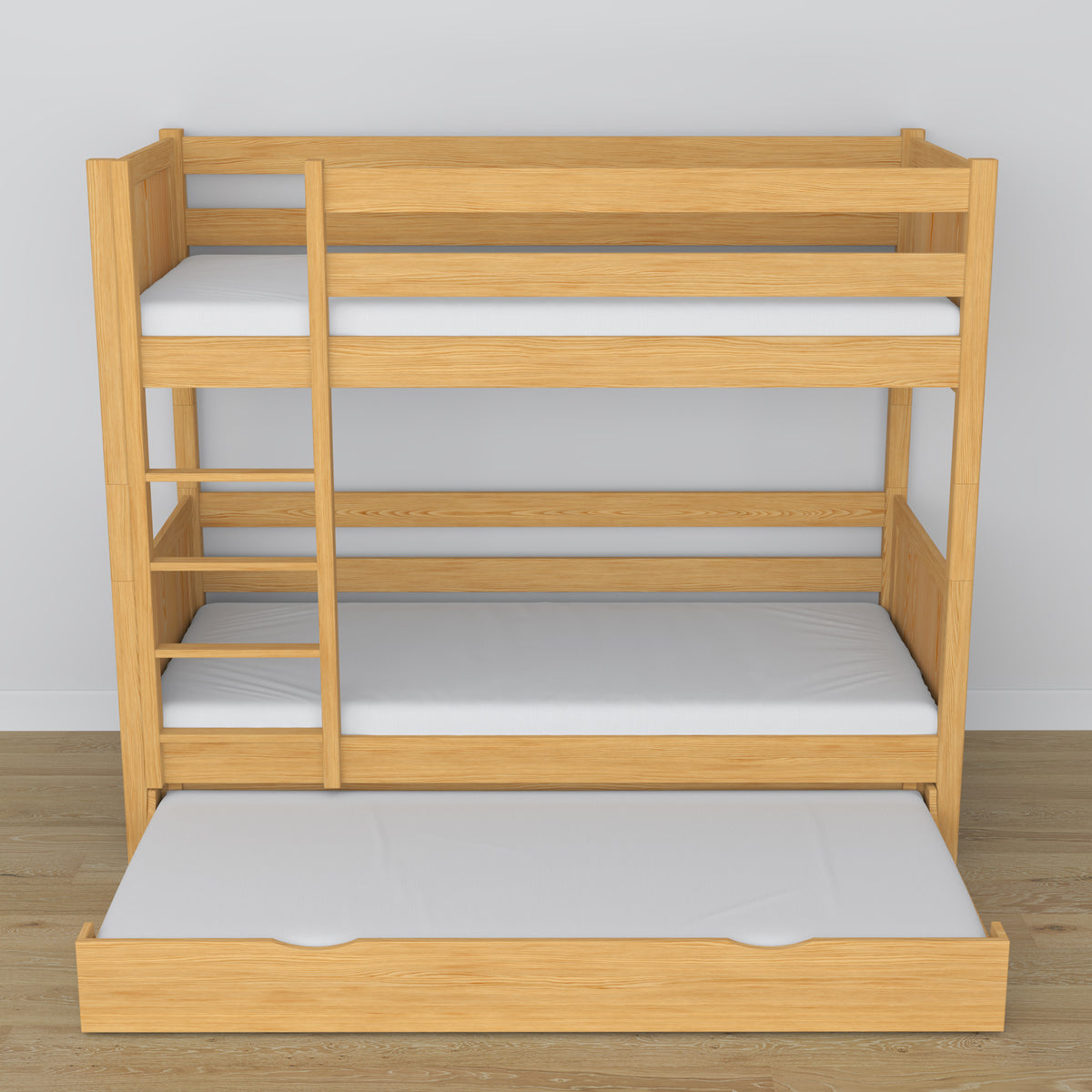 Natural Pine Wooden Bunk Bed – Ladder, Rails, Drawer for Extra Mattress