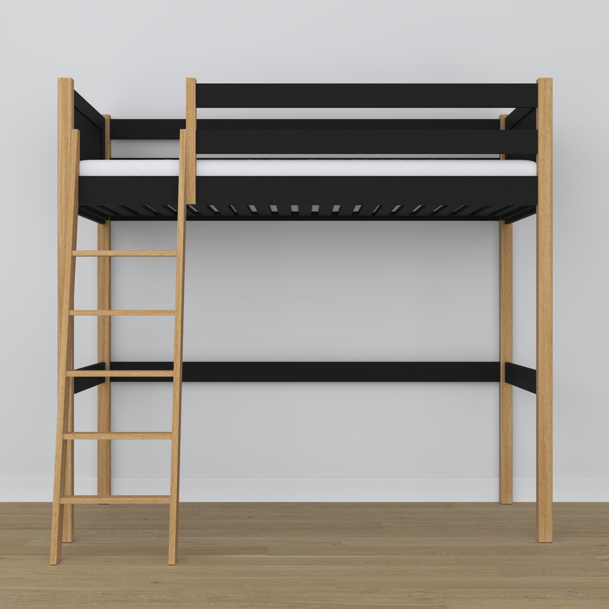 Loft bed black/oak – wooden ladder and safety rail, Nizio Home