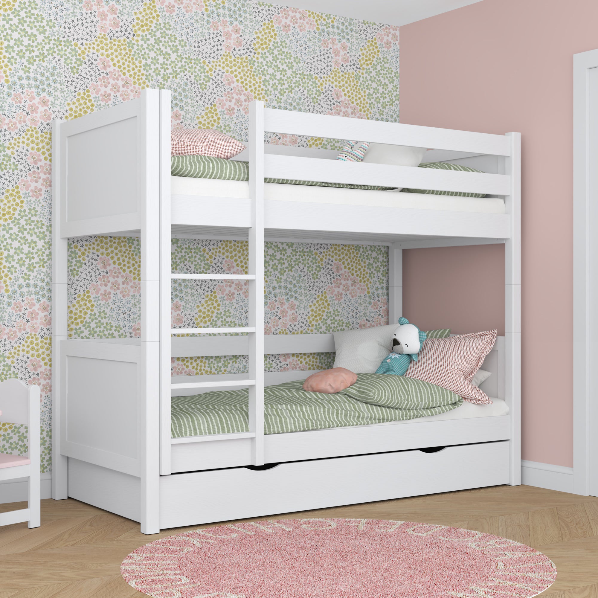 White Wooden Bunk Bed – Open Drawer, Spacious Storage Under the Bed