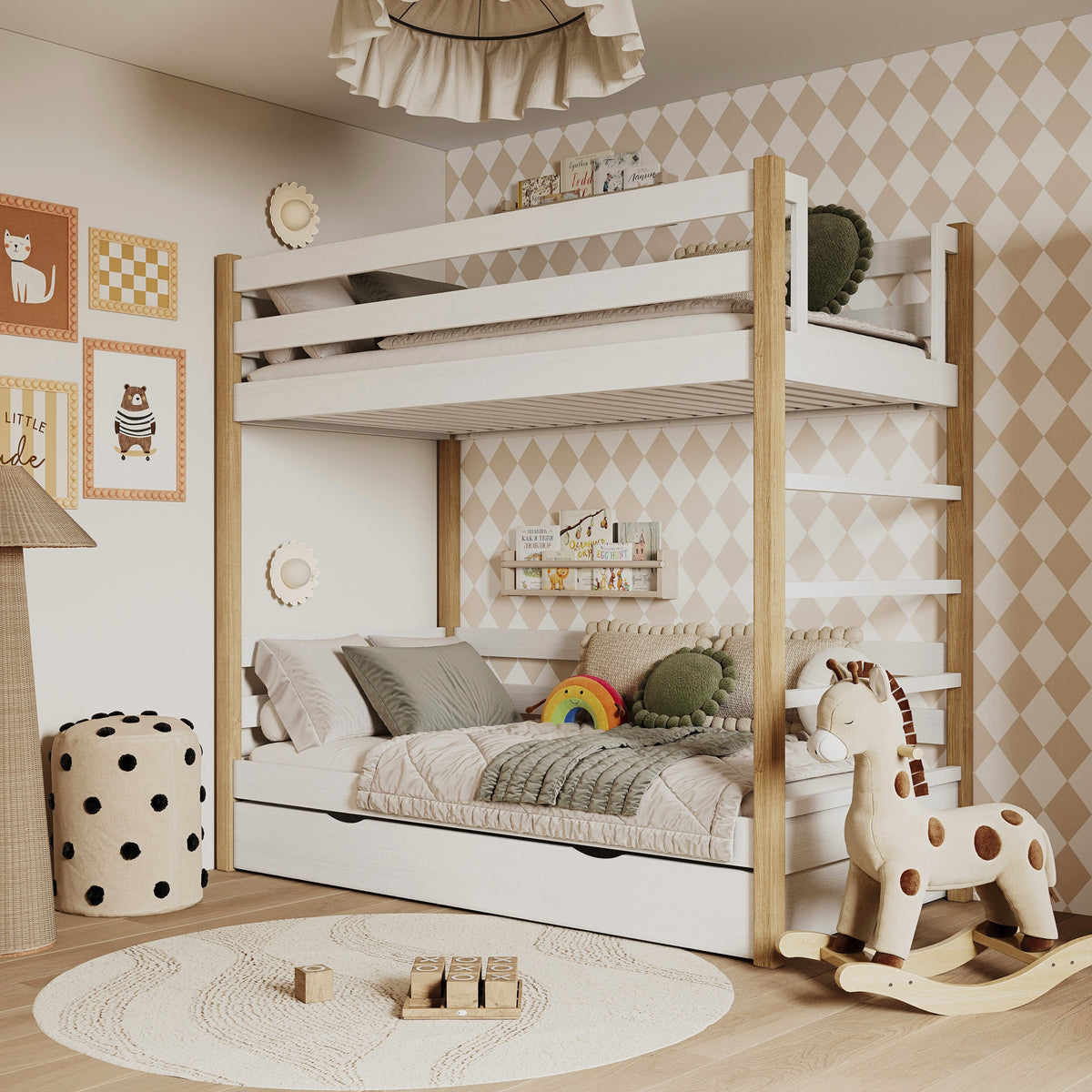 White and Oak Bunk Bed for Children – Two Sleeping Areas and Drawer, Wooden