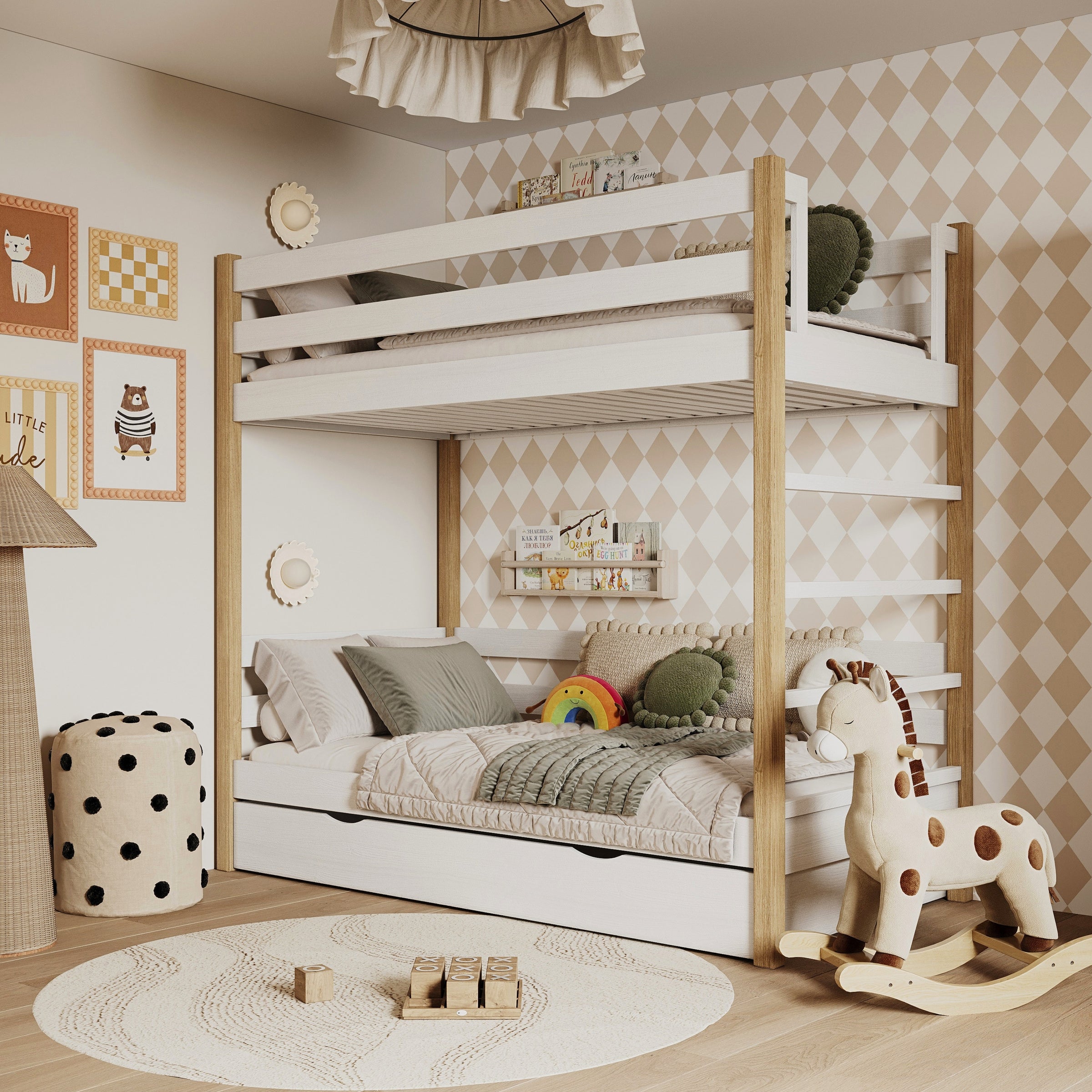 White and Oak Bunk Bed for Children – Two Sleeping Areas and Drawer, Wooden