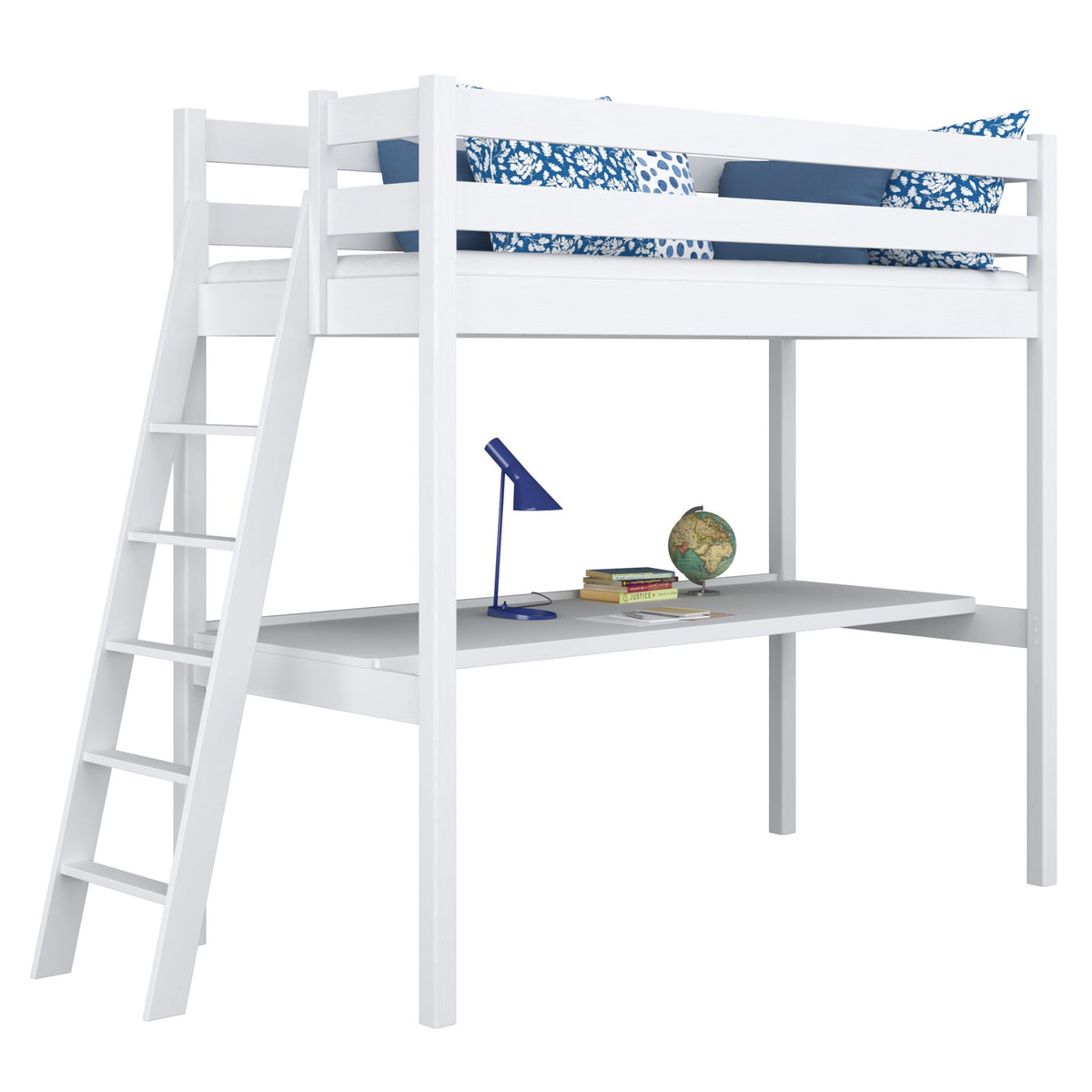 Loft bed white with desk – study space under the sleeping area, wooden