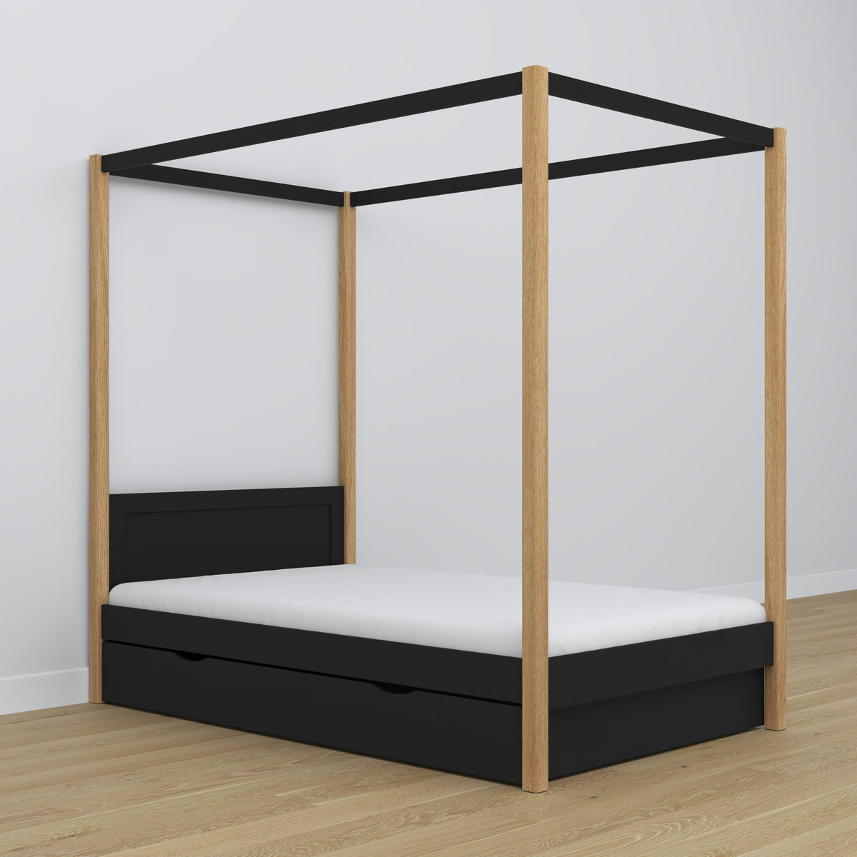 Wooden black-oak canopy bed in a child’s room – scandi arrangement