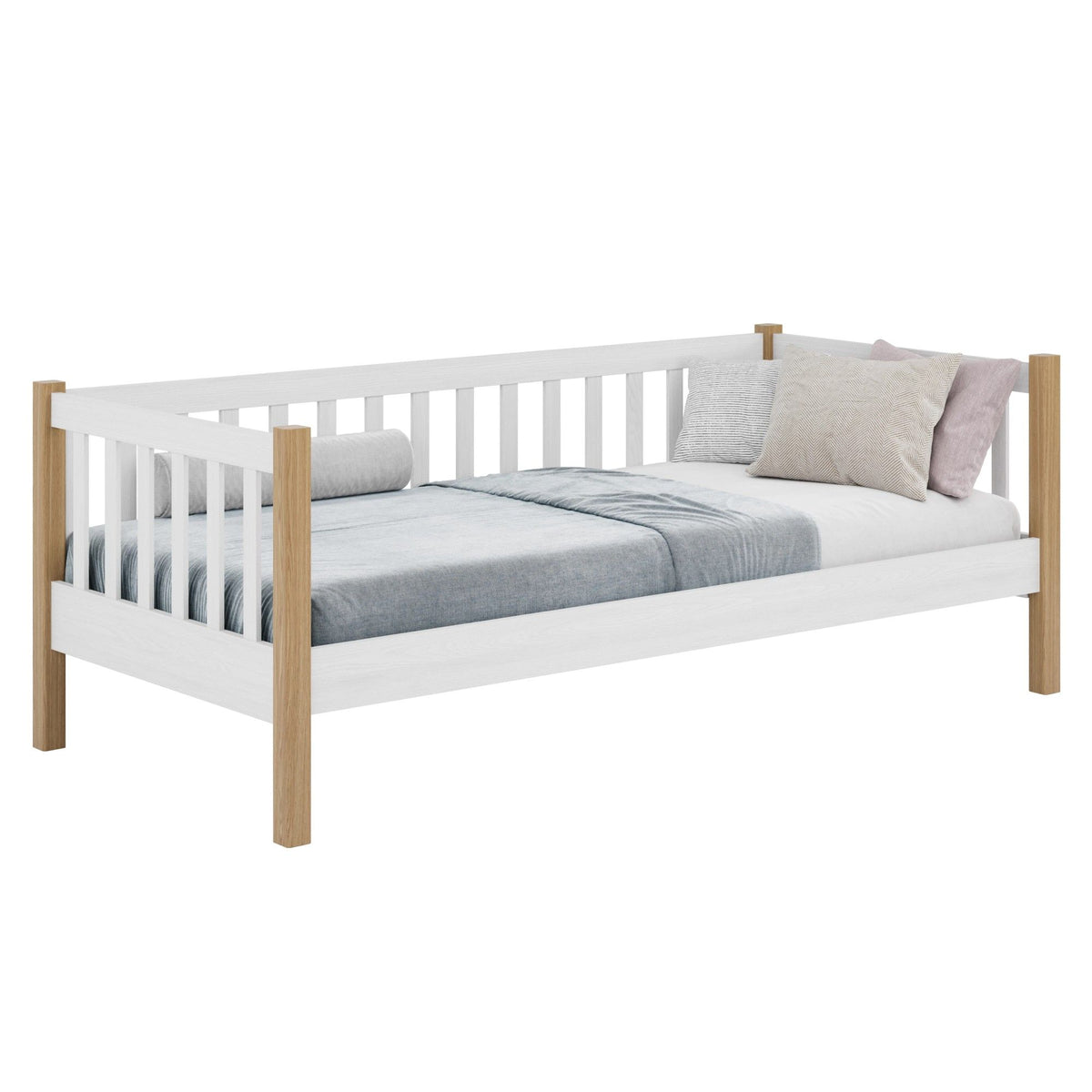 Sofa bed white with oak made of wood – dimensions and diagram, Nizio