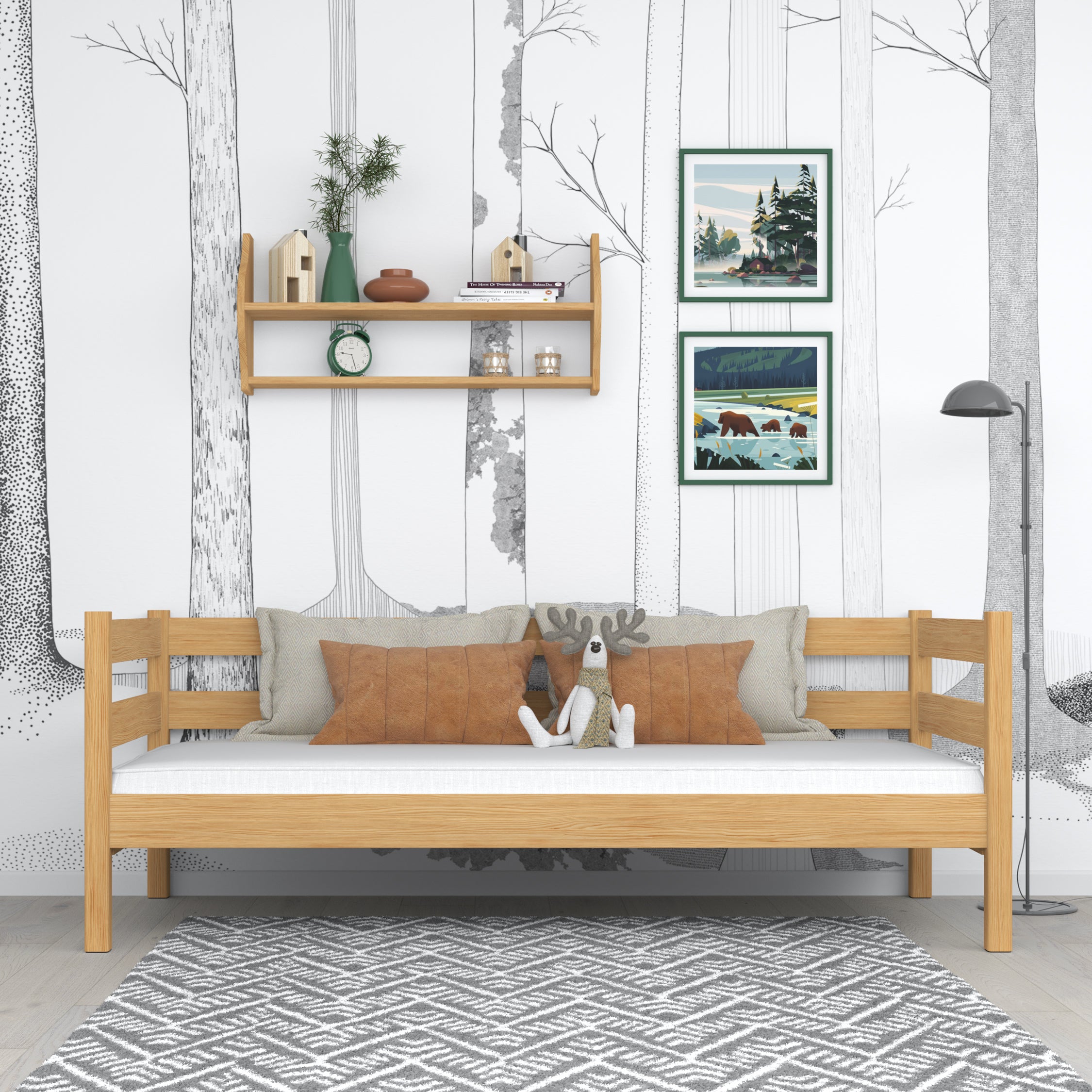 Łóżko sofa sosna naturalna – boczna bariera drewniane, bezpieczeństwo dla dzieci