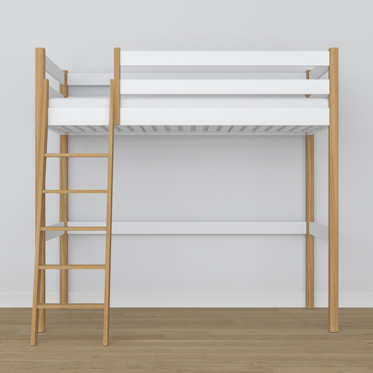 White and Oak Wooden Loft Bed – Slatted Frame, Side View