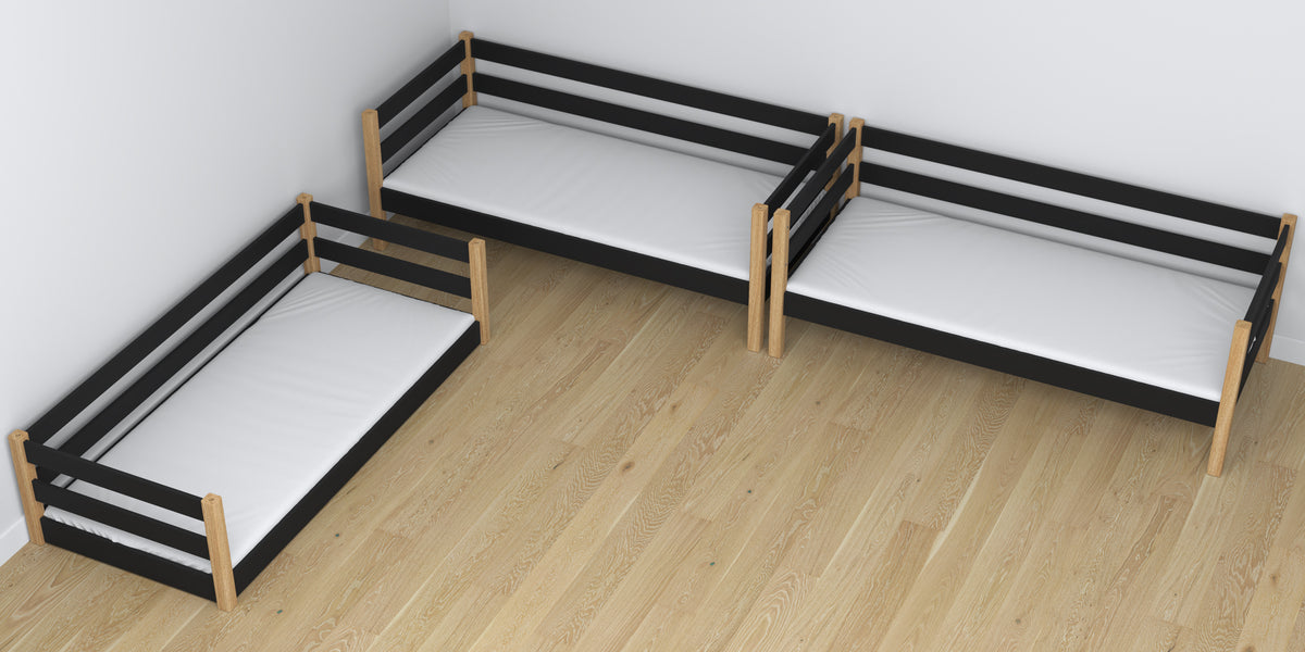 Triple bunk bed wooden black with oak – close-up of joints and construction details